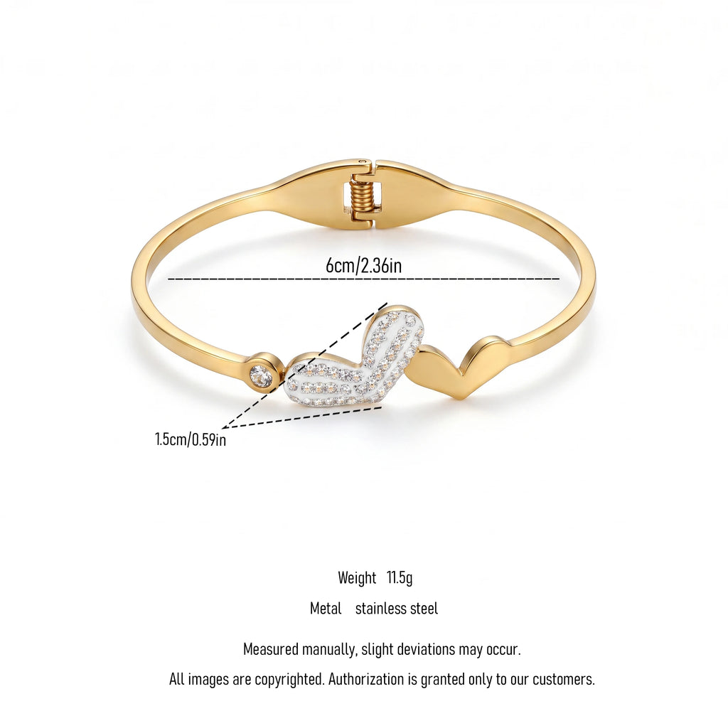 QIAOREN 13659 Spring Thin Cuff Bangle with Offset Dual Heart Charms, Paved Clear Zircon Curved Heart & Solid Plain Heart