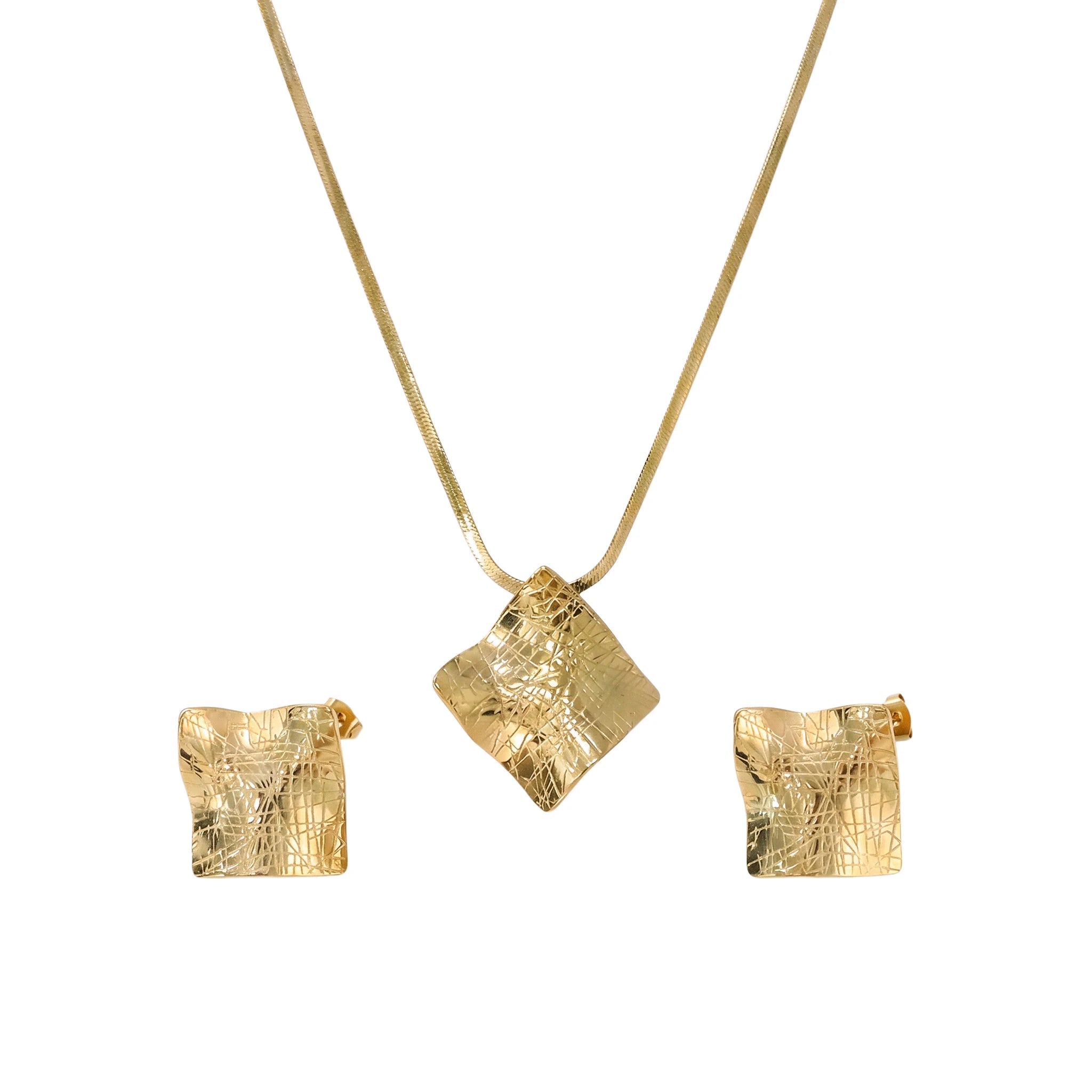 QIAOREN 11521 18K Gold Plated Stainless Steel Square Pendant Necklace Earrings Waterproof Tarnish Free Adjustable Women Jewelry