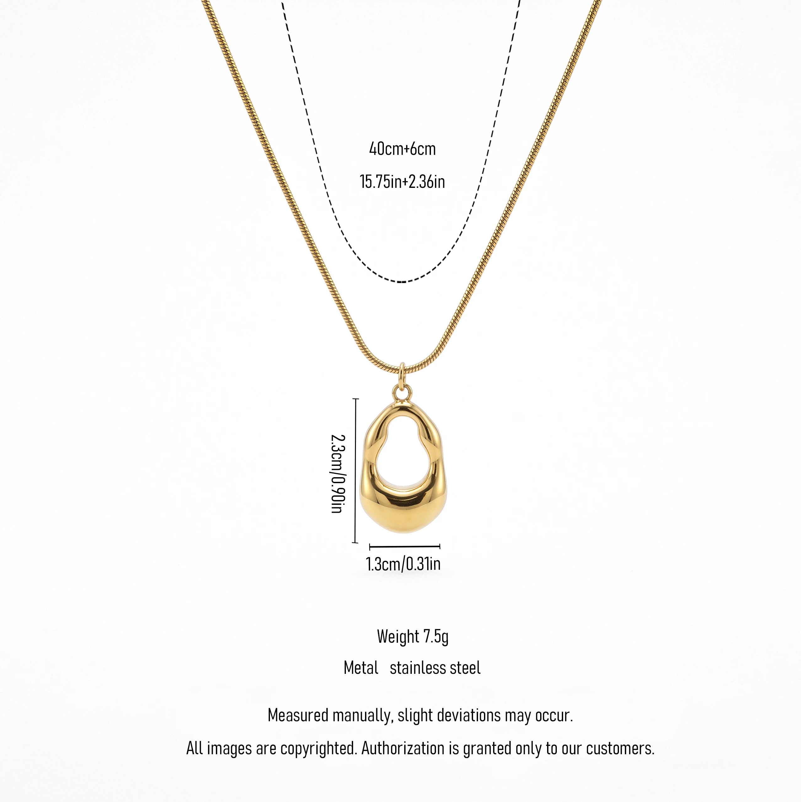 QIAOREN 13750 Thin Snake Chain Pendant Necklace with Smooth Hollow Teardrop Oval Loop Charm, Polished Gloss Jewelry