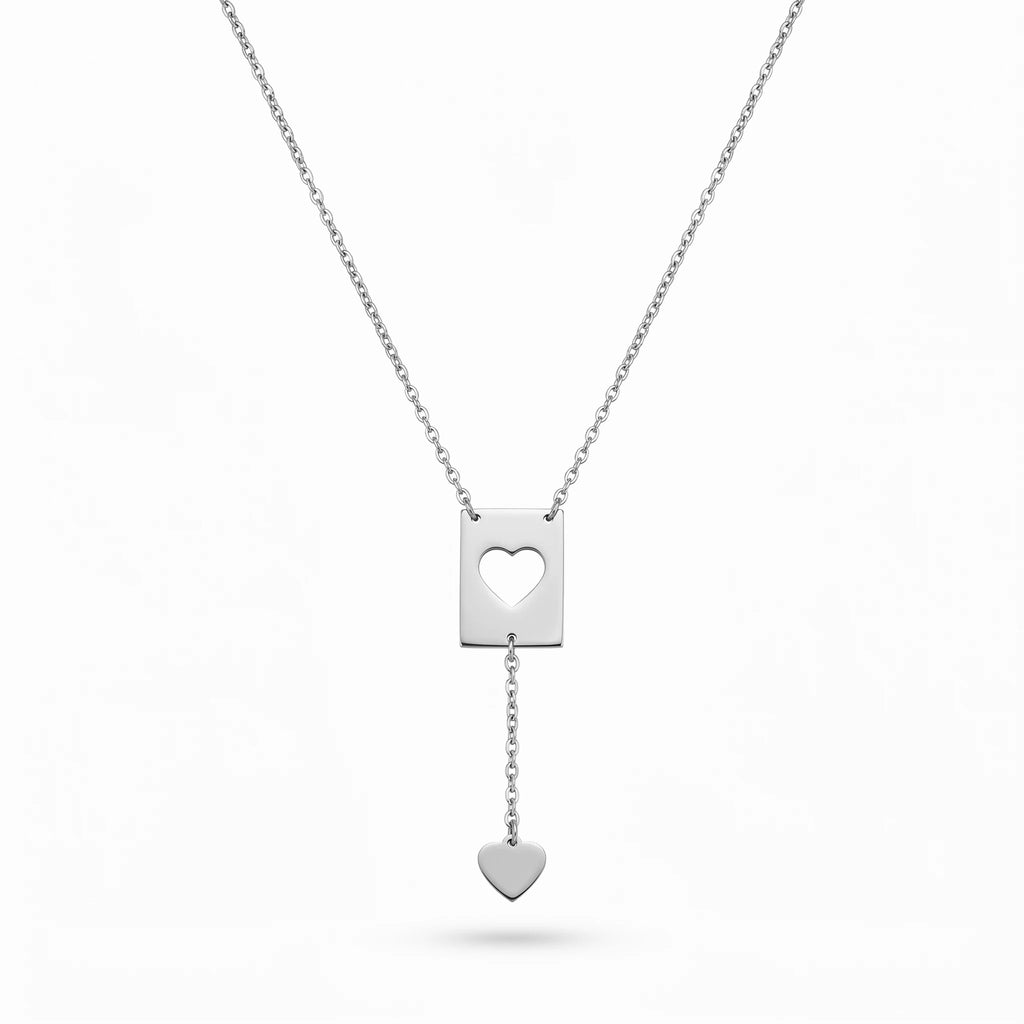 QIAOREN 11839 18K Gold Plated Stainless Steel Anti-Tarnish Hypoallergenic Hollow Heart Rectangle Lariat Y-Necklace Heart Pendant
