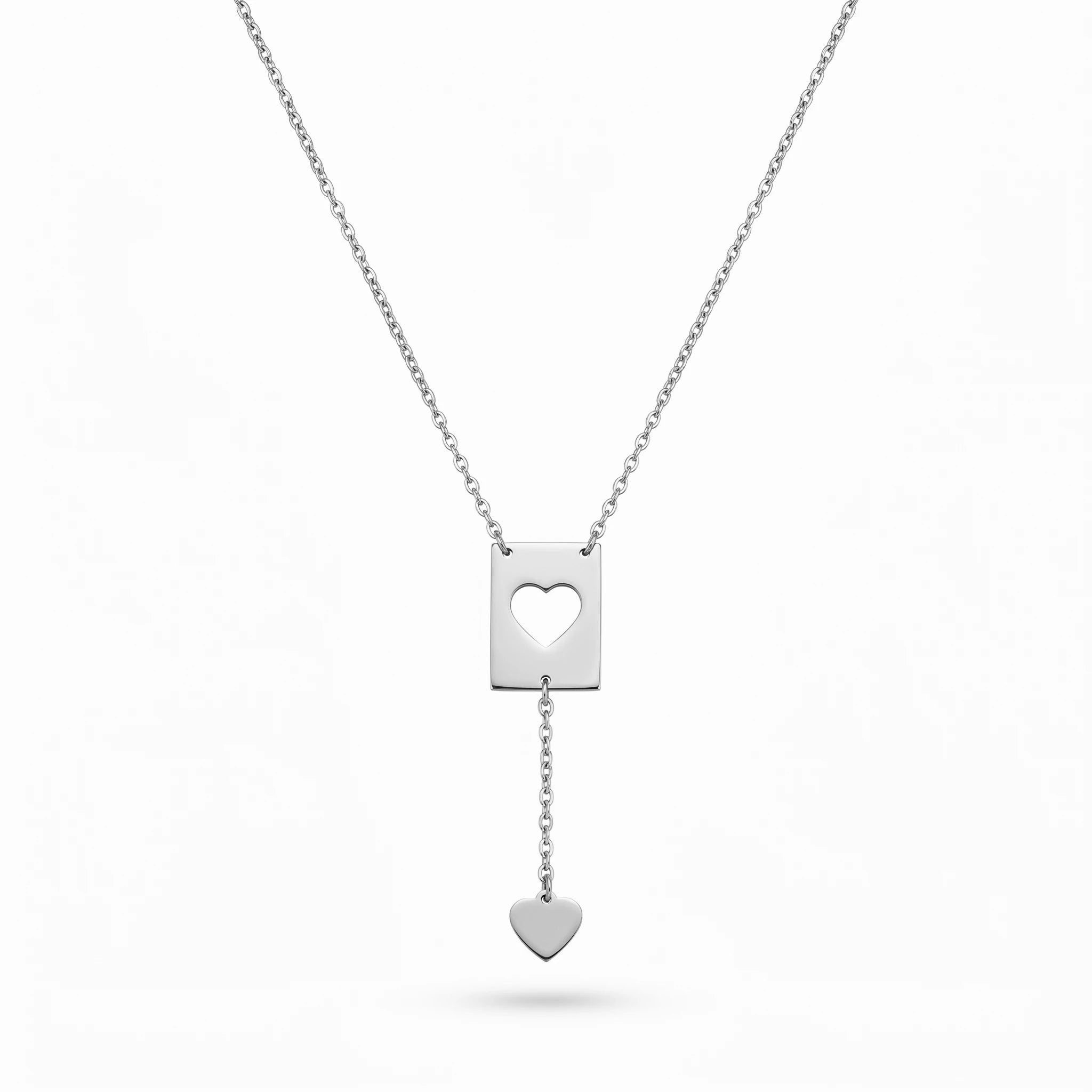 QIAOREN 11839 18K Gold Plated Stainless Steel Anti-Tarnish Hypoallergenic Hollow Heart Rectangle Lariat Y-Necklace Heart Pendant