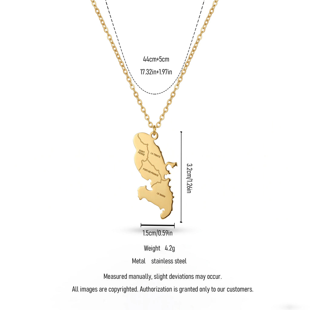 QIAOREN 12043 Travel Gift Stainless Steel Engraved Martinique Island  Pendant Necklace Slim Chain for European Souvenir Present