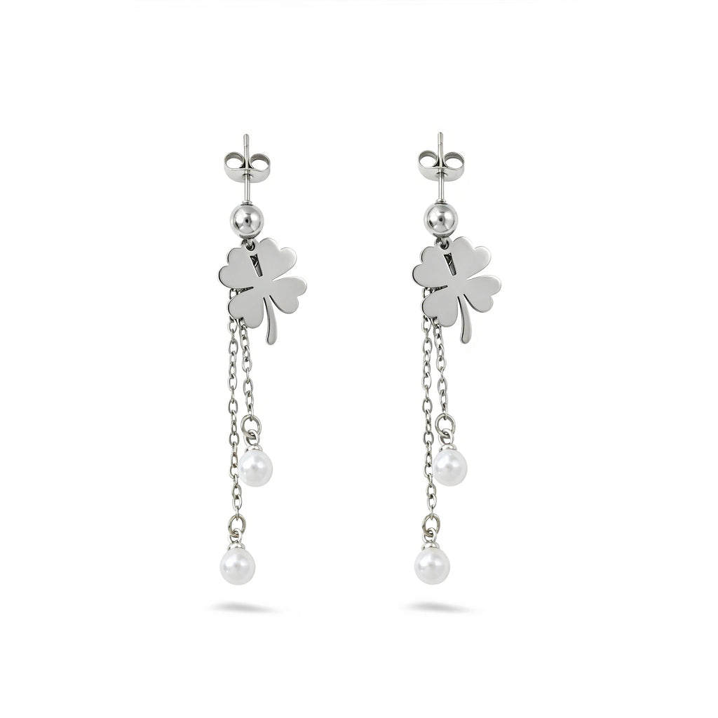 QIAOREN11784 18K Gold Plated Stainless Steel Four Leaf Clover Earrings with Double Pearl Tassel Drop