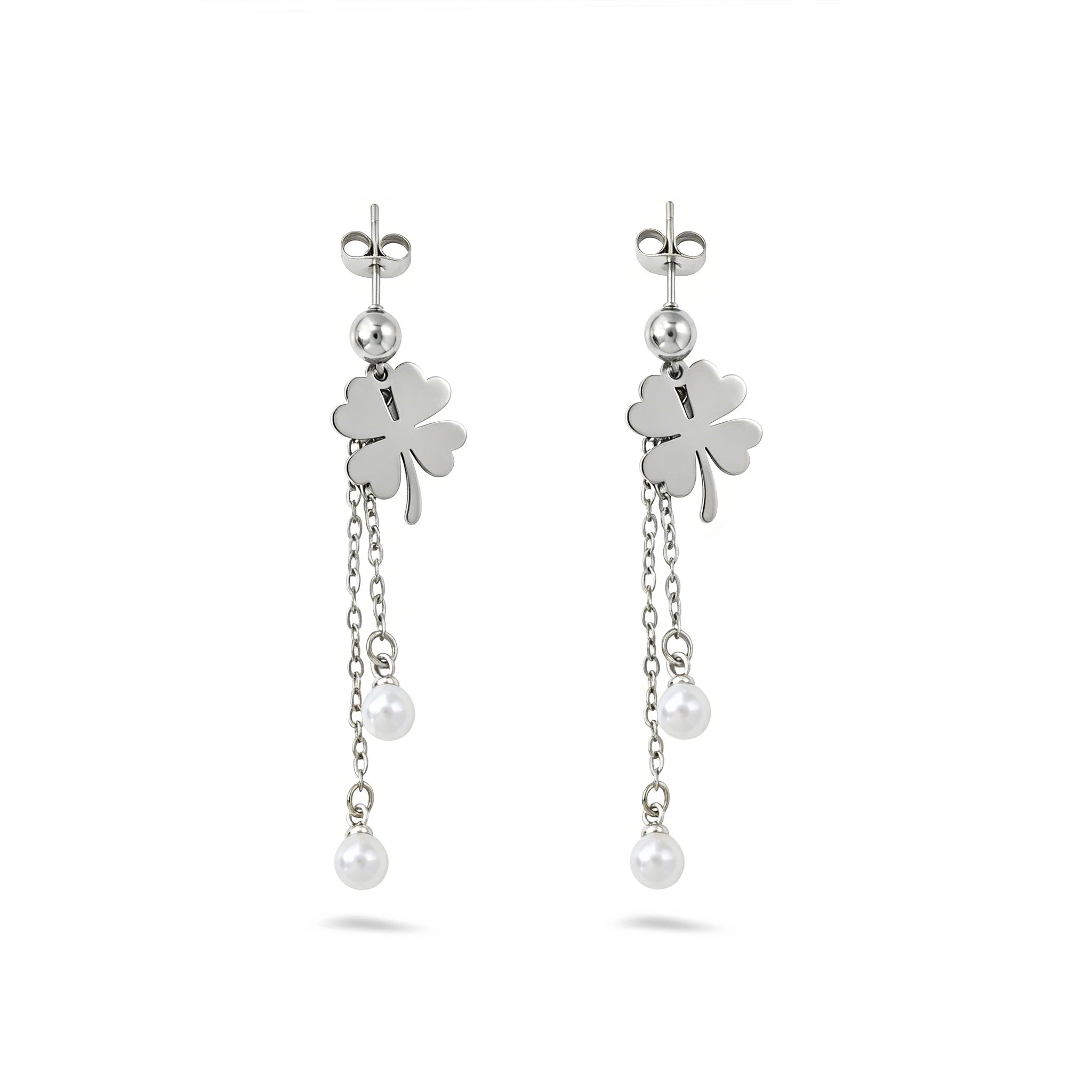 QIAOREN11784 18K Gold Plated Stainless Steel Four Leaf Clover Earrings with Double Pearl Tassel Drop