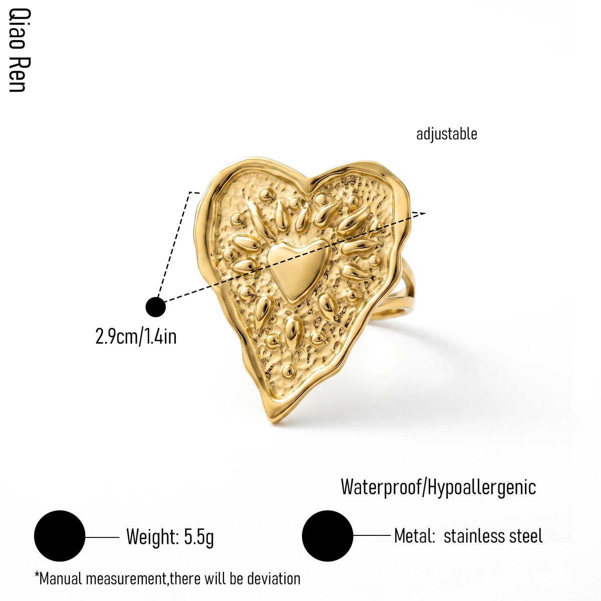 QIAOREN 14279-83 Vintage Hammered Heart Open Cuff Ring Set, Adjustable Stackable Stainless Steel Statement Rings