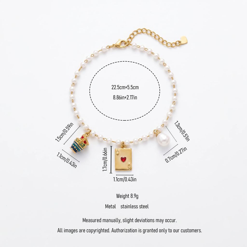 QIAOREN 13320 Sweet Pearl Anklet with Ace Heart, Crown & Pearl Charms, Lucky Card Foot Jewelry Gift for Casual Daily Looks