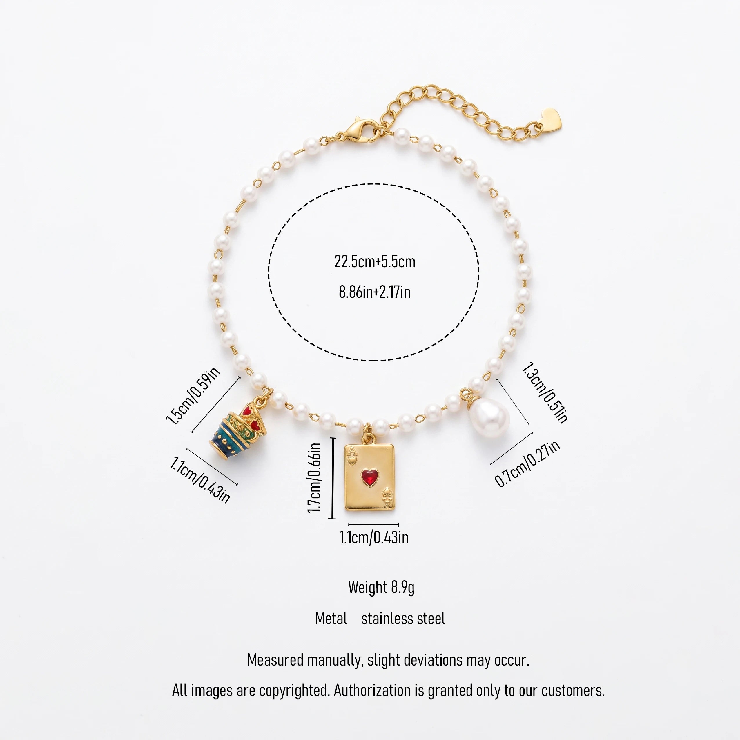 QIAOREN 13320 Sweet Pearl Anklet with Ace Heart, Crown & Pearl Charms, Lucky Card Foot Jewelry Gift for Casual Daily Looks