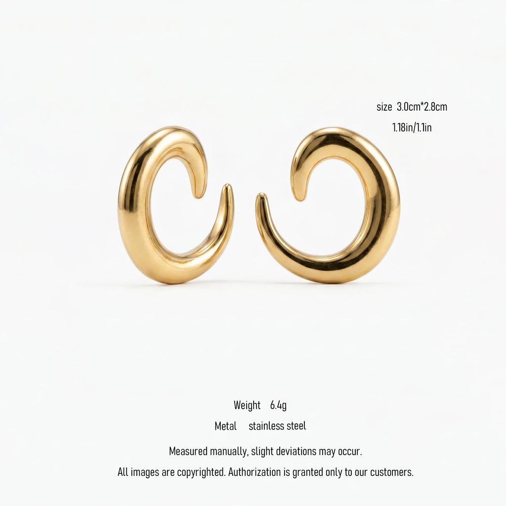 QIAOREN 10845 Tarnish Resistant 18K Gold Plated Chunky C-Shaped Earrings, Minimalist Stainless Steel Open Hoops