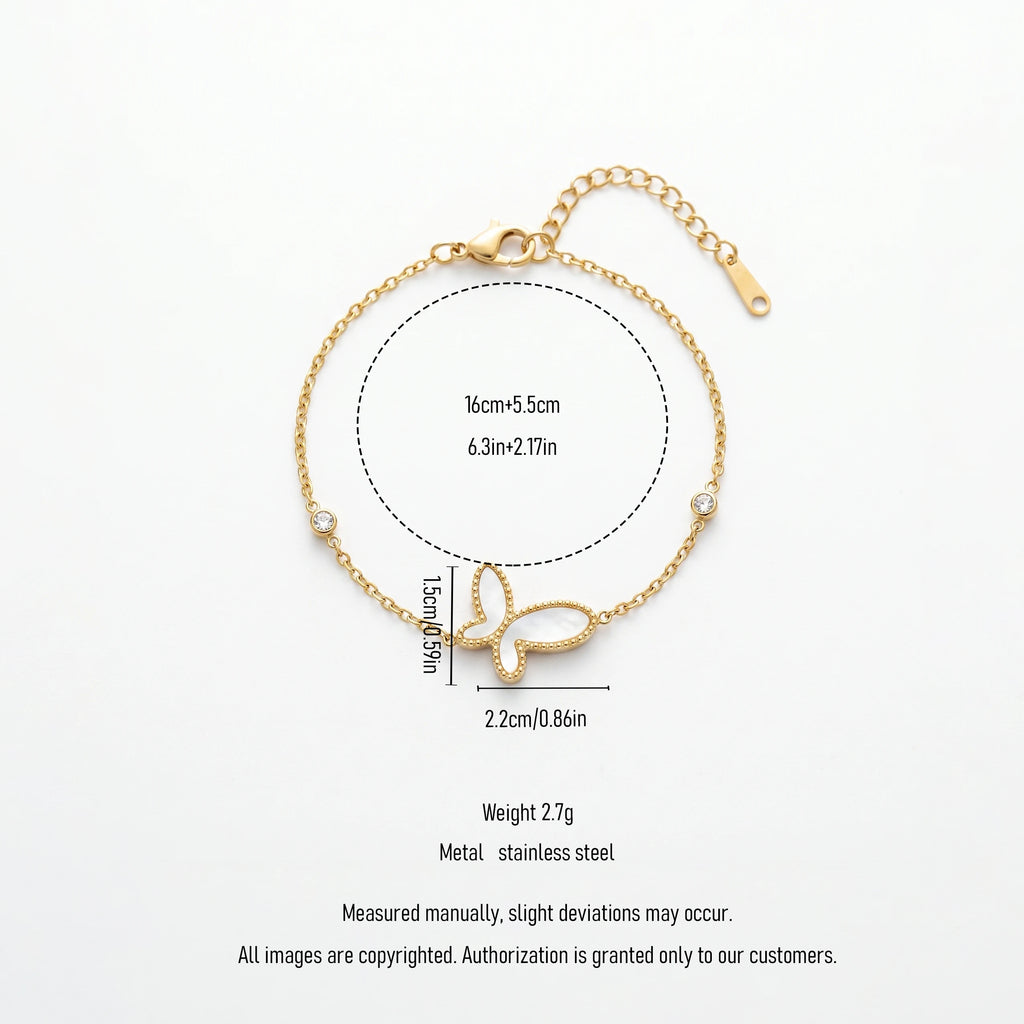 QIAOREN 13767 Thin Oval Link Chain Bracelet with Beaded Border White Mother of Pearl Butterfly Charm & Two Side Round Zircon