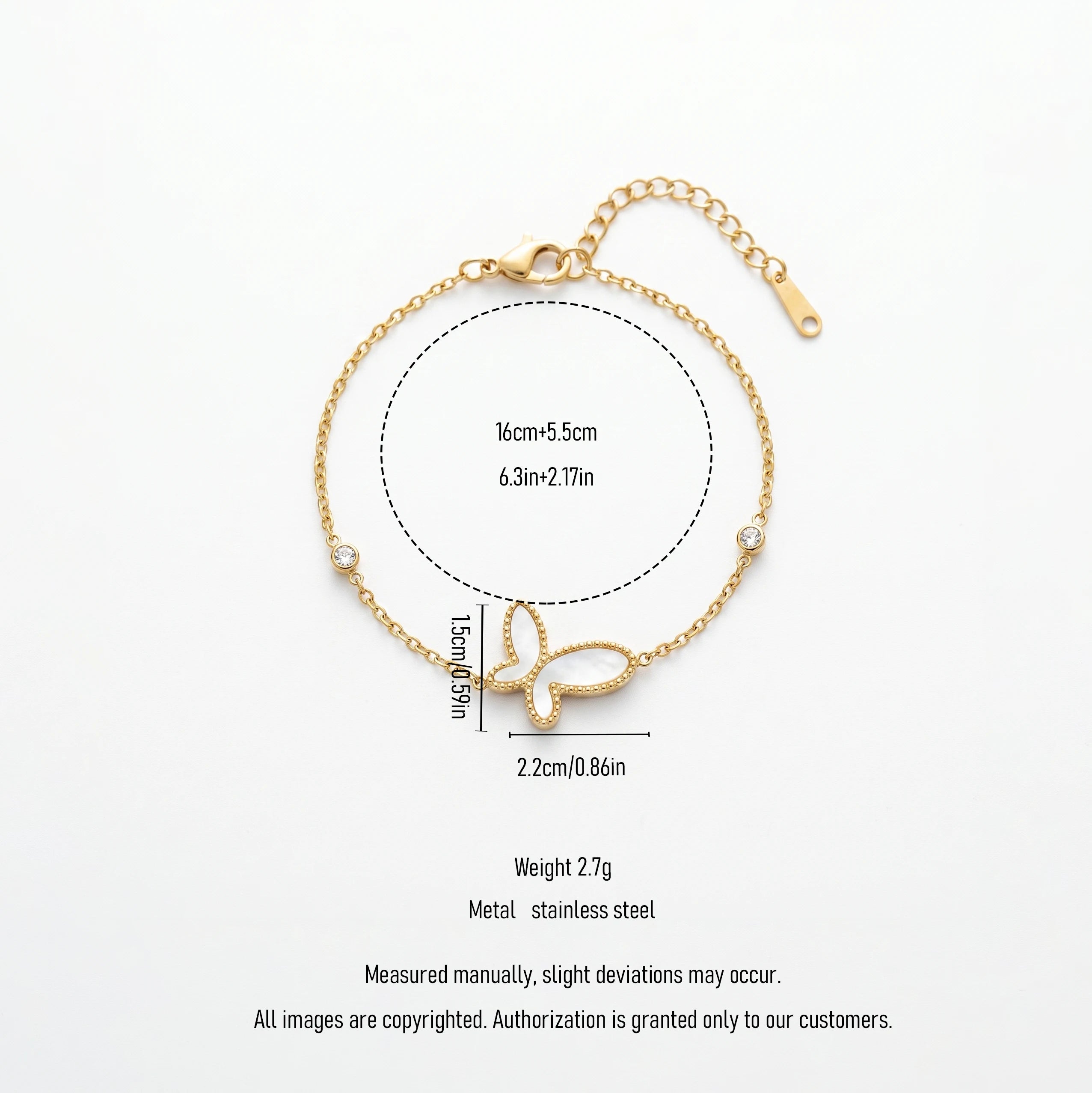 QIAOREN 13767 Thin Oval Link Chain Bracelet with Beaded Border White Mother of Pearl Butterfly Charm & Two Side Round Zircon
