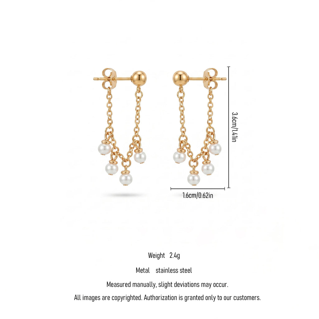 QIAOREN 11872 Trendy Multi-Pearl Cluster Chain Dangle Earrings Stainless Steel 18K Gold Plated Dainty Fringe Jewelry for Women