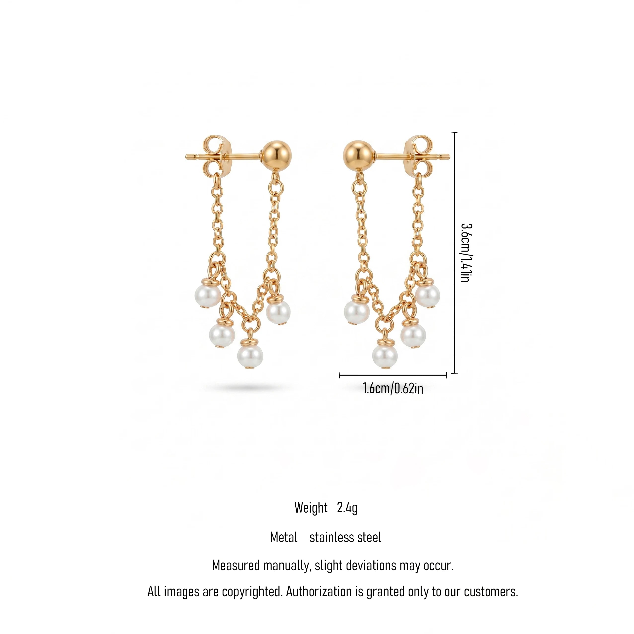 QIAOREN 11872 Trendy Multi-Pearl Cluster Chain Dangle Earrings Stainless Steel 18K Gold Plated Dainty Fringe Jewelry for Women