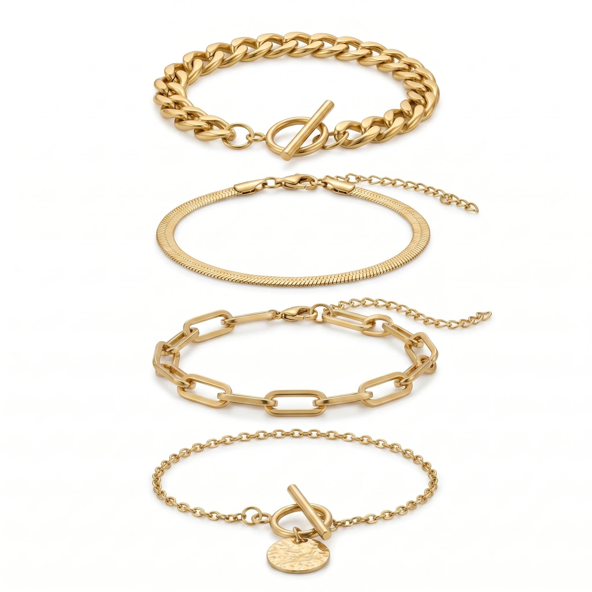 QIAOREN 11488 Trendy Stackable Gold Bracelet Set 4pcs Tarnish Free Stainless Steel Everyday Jewelry