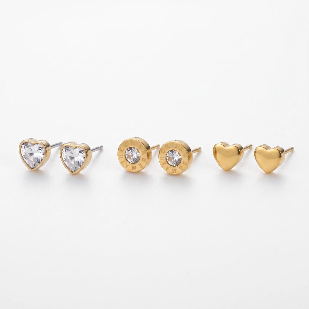 QIAOREN 14445  3 Pairs Gold Tone Stainless Steel Ear Studs Heart Shaped CZ Stud Earrings Set Earrings Jewelry Gift