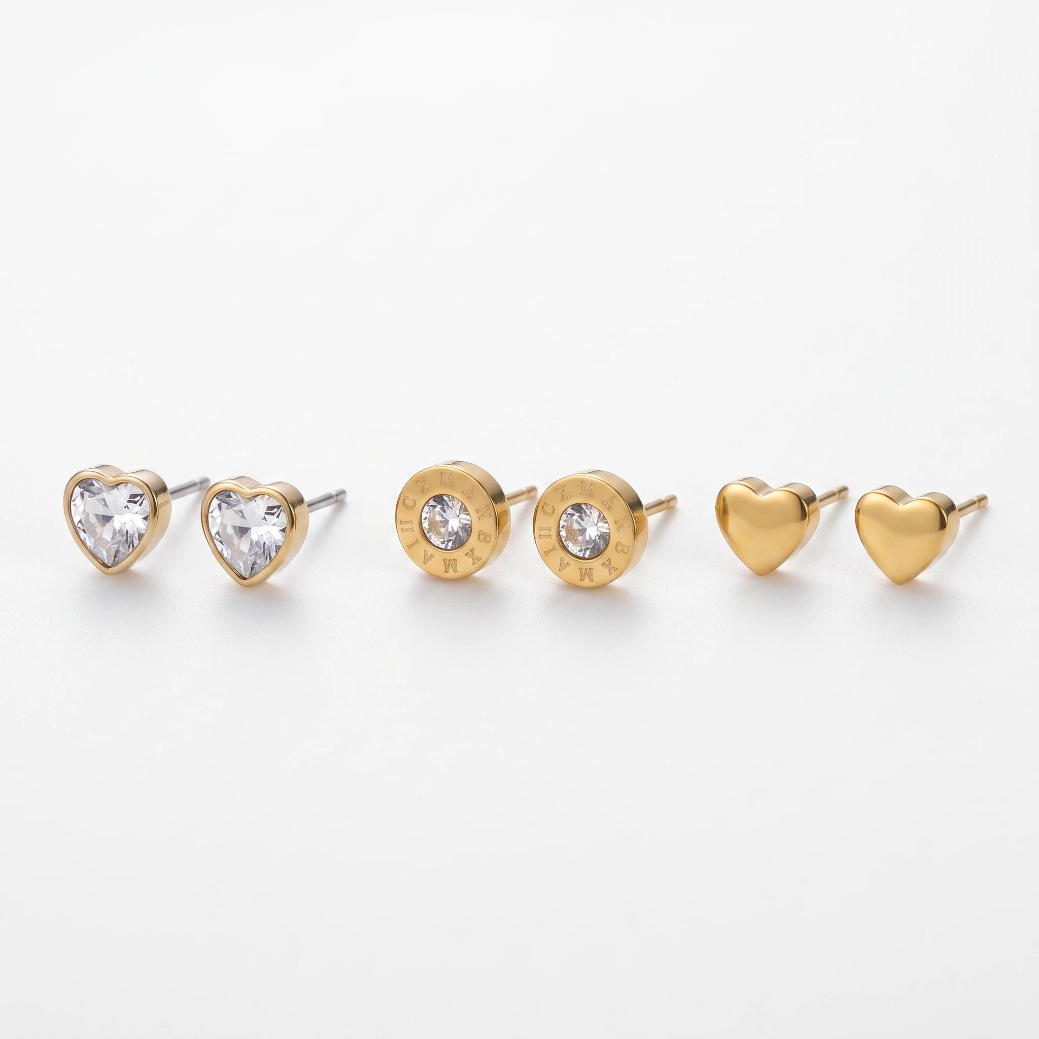 QIAOREN 14445  3 Pairs Gold Tone Stainless Steel Ear Studs Heart Shaped CZ Stud Earrings Set Earrings Jewelry Gift