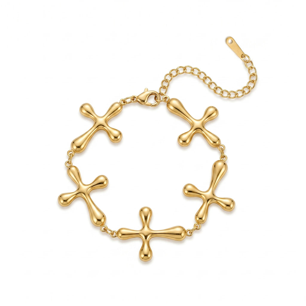 QIAOREN12029 Wholesale Gold Plated Stainless Steel Smooth Puffy Cross Link Bracelet  Bead Chain Adjustable Extension Jewelry