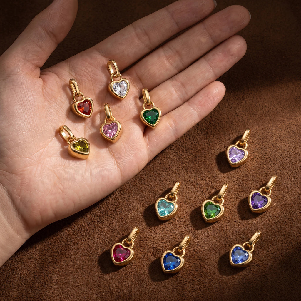 QIAOREN 13906-17 Birthstone Bezel Set Heart Shape Charm Pendant with Multicolor CZ Stone for Making DIY