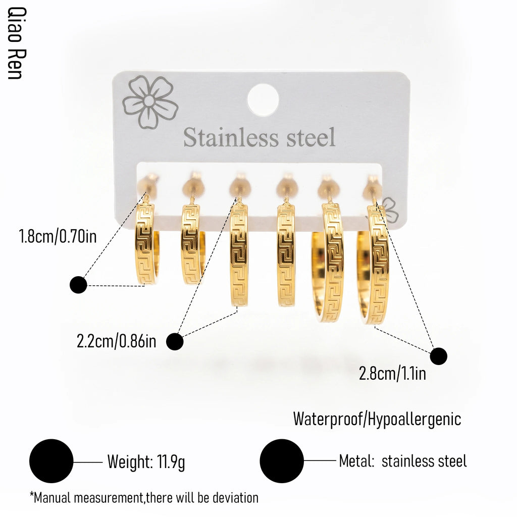 QIAOREN 14597 Geometric Gold Stainless Steel Hoop Earrings Huggie Earrings Greek Pattern Design Waterproof Anti Allergy Jewelry