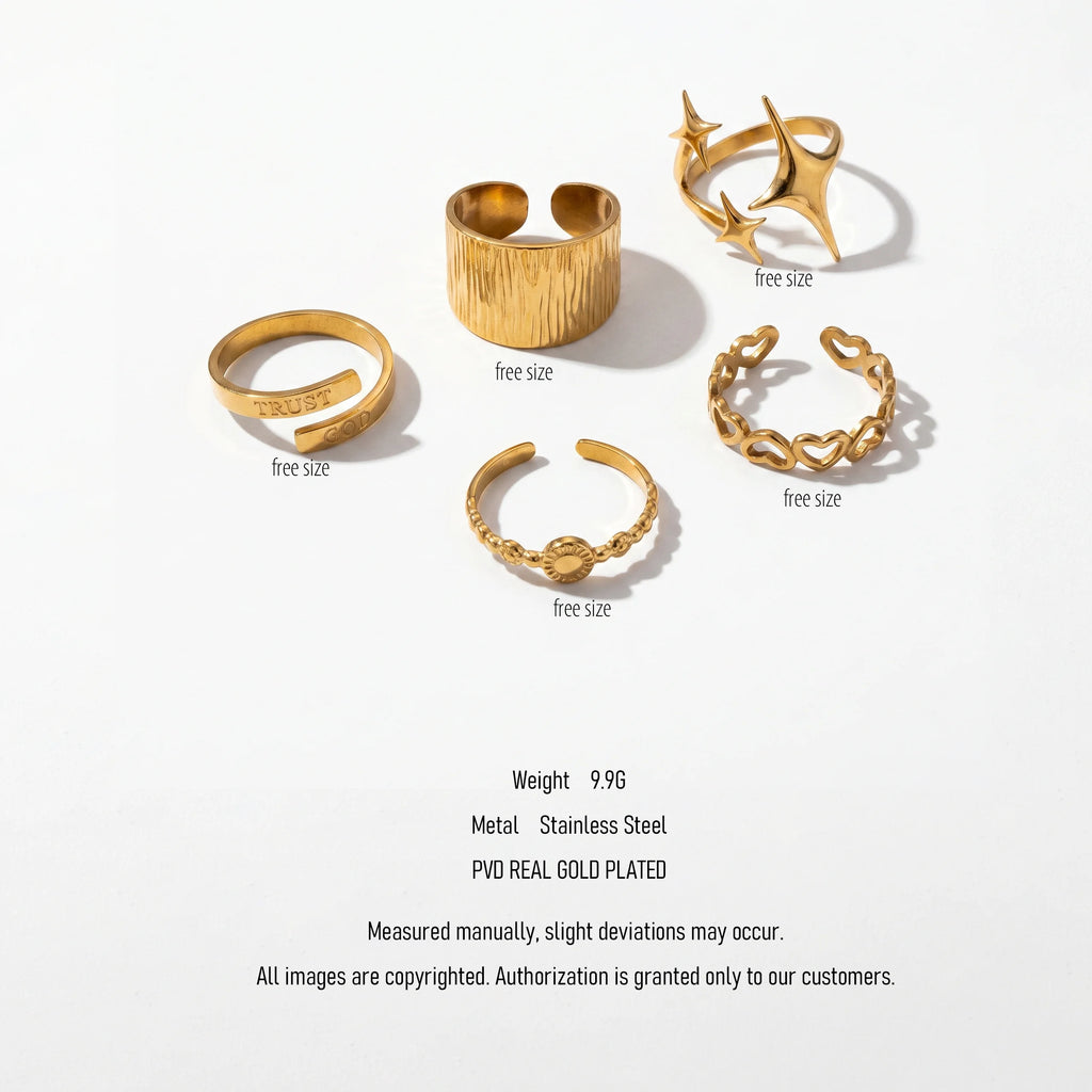 QIAOREN 5Pcs 18K Gold Plated Stainless Steel Rings Set Tarnish Free Adjustable Stackable Open Cuff Rings for Women