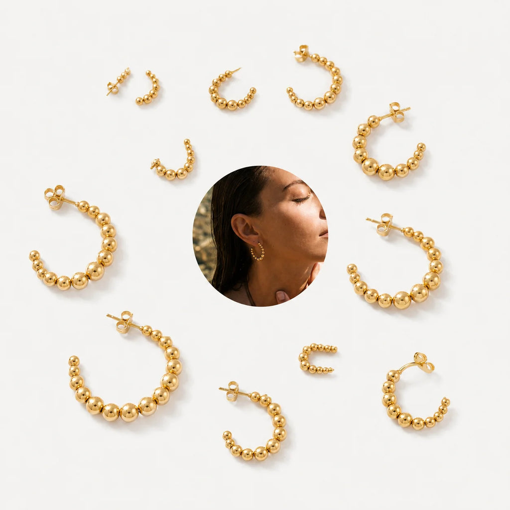 QIAOREN 12416 Elegant Quiet Luxury Spherical Hoop Earrings Gold Stainless Steel Sleek Graduated Beads C-Shaped Statement Studs
