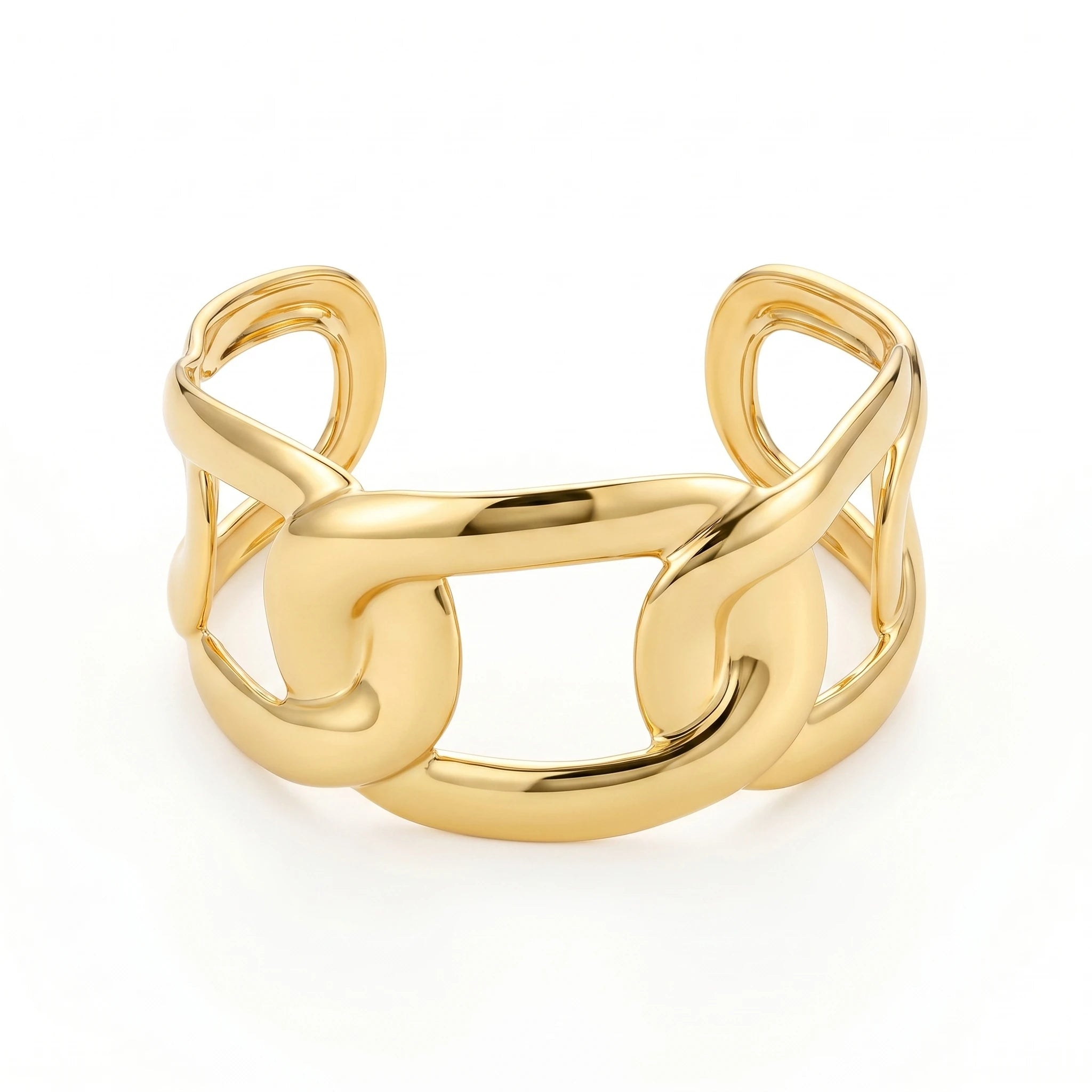QIAOREN 12721 Modern Geometric Thick Intertwined Rectangular Link Wide Cuff Bangle Hypoallergenic Stainless Steel Gold Bracelet