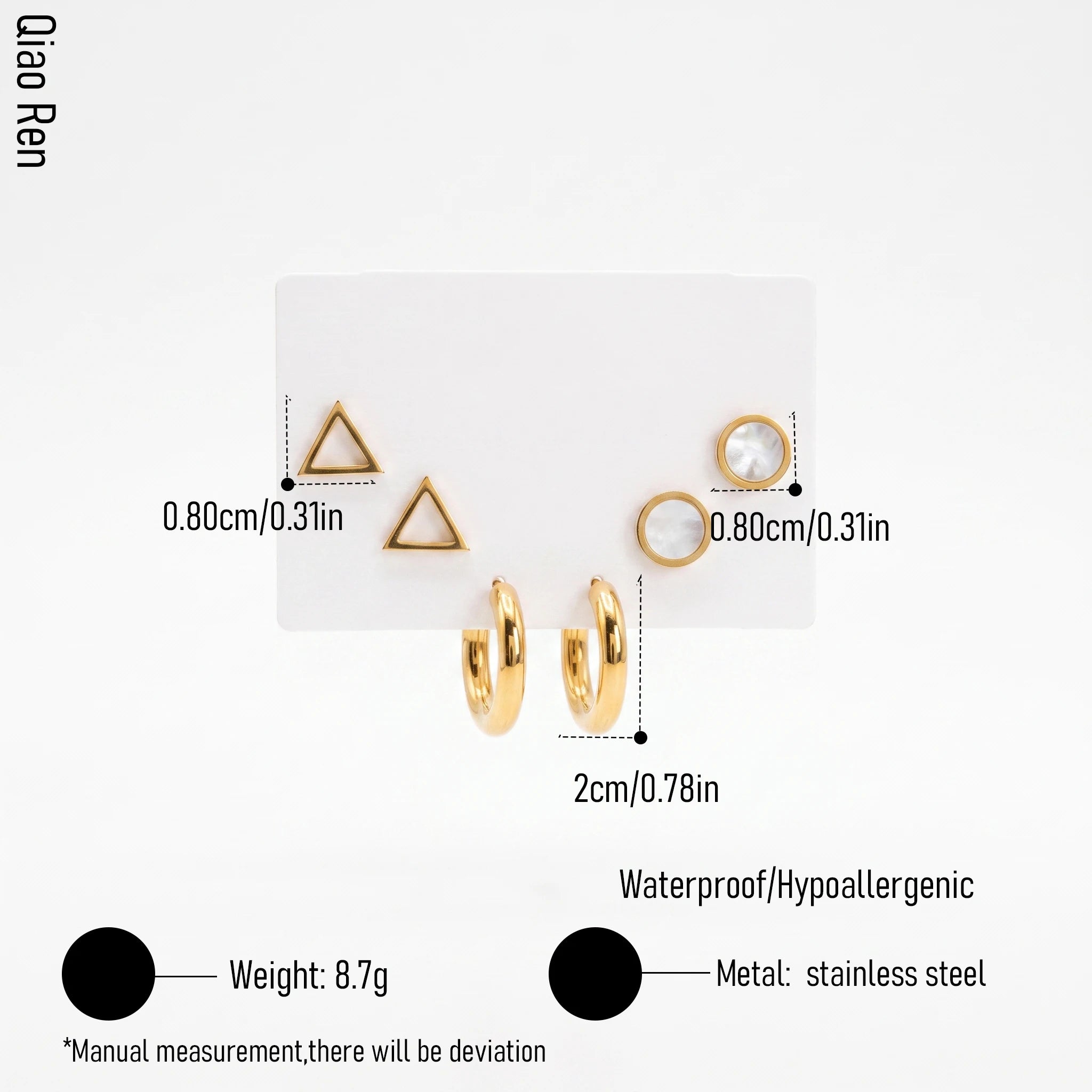 QIAOREN 14470 3 Pair Gold Stainless Steel Earrings Set, Triangle Shell Studs, Round Shell Inlay Studs & Thick Smooth Stud