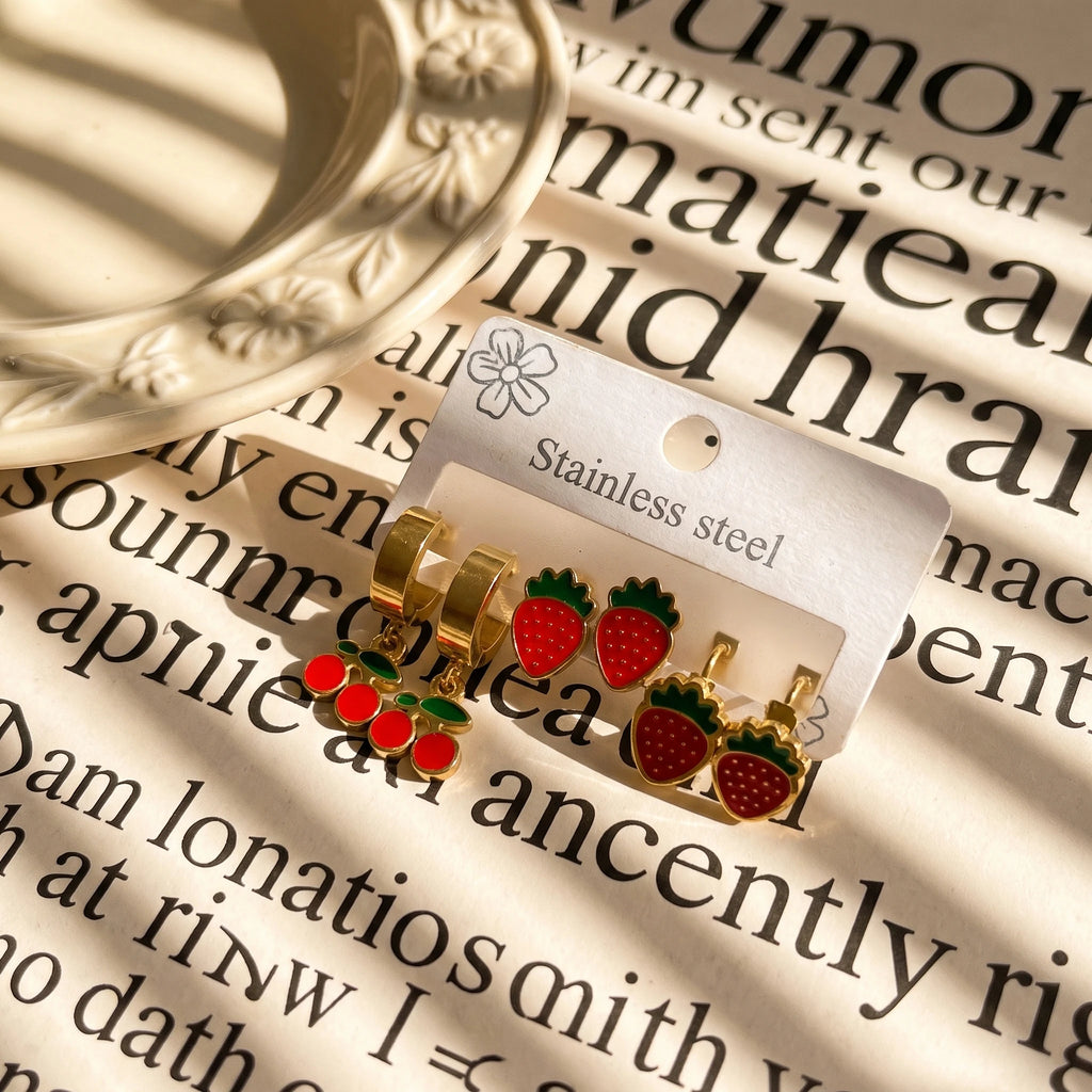 QIAOREN 14528 Waterproof Stainless Steel Fruit Earrings Set Strawberry Cherry Hoop Stud Earrings Enamel Jewelry Women