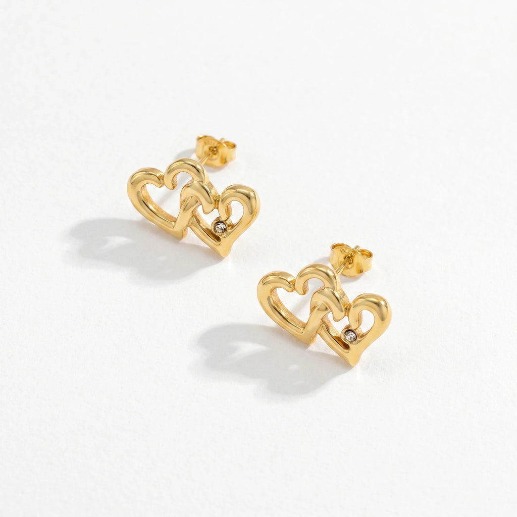 QIAOREN 12266 Trendy Double Interlocking Heart Stud Earrings 18K Gold Plated Stainless Steel Overlapping Love Jewelry Party
