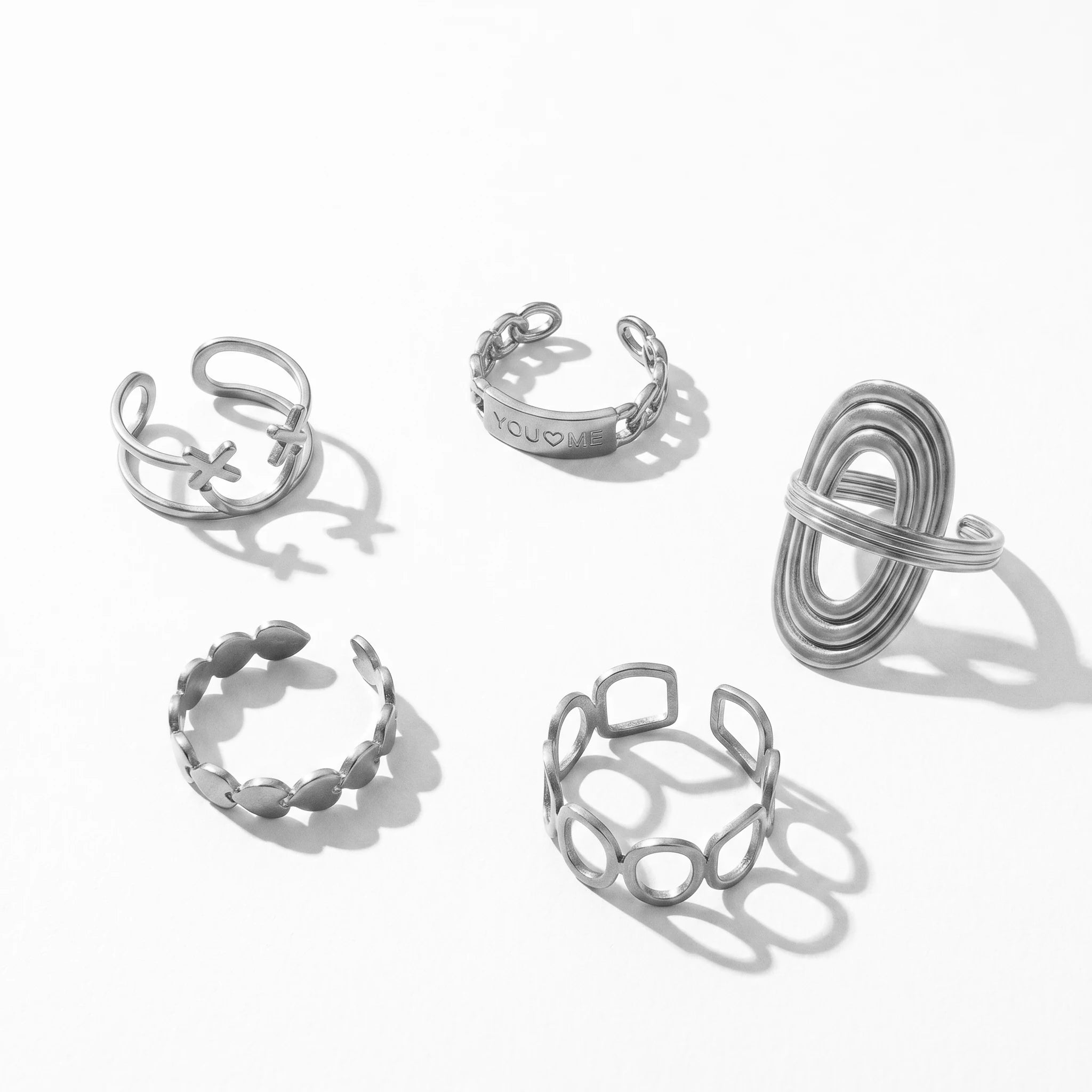 QIAOREN 10707 You & Me Engraved Gold Ring Set - 5Pcs Hypoallergenic Stainless Steel Open Rings