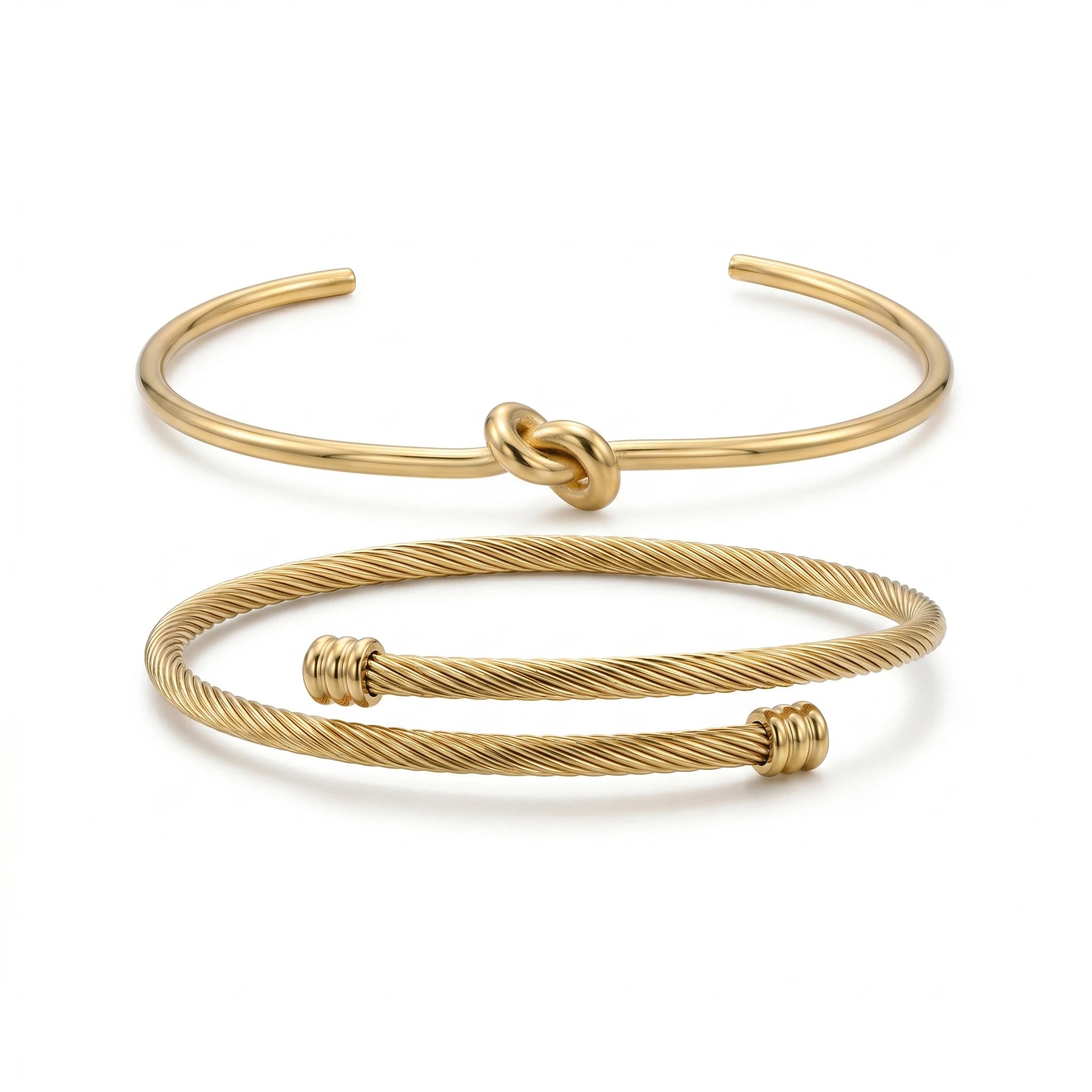 QIAOREN 10613 2pcs Knot & Twisted Cable Cuff Bangle Set 18K Gold Plated Stainless Steel Waterproof Tarnish Free Bracelets