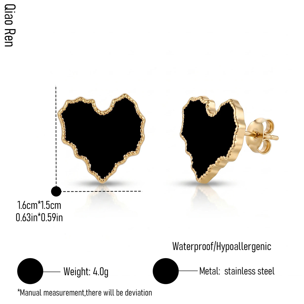 QIAOREN 14078-80 Irregular Wavy Heart Stud Earrings, Beaded Border Enamel Heart Ear Stud Jewelry Gift for Daily Fashion Outfits