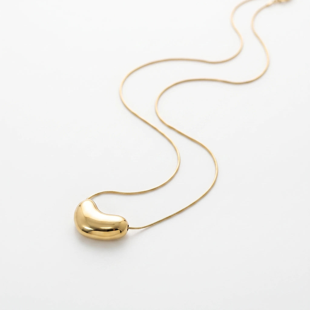QIAOREN 13713 Smooth Polished Solid Bean Pendant Necklace, Thin Snake Chain Minimalist Gloss Gold Collar Jewelry Gift