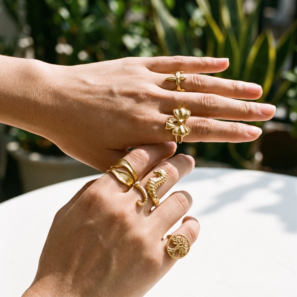 QIAOREN 14239-50 Vintage Textured Gold Open Cuff Ring Set, Hippie Bohemian Stackable Adjustable Rings for Women