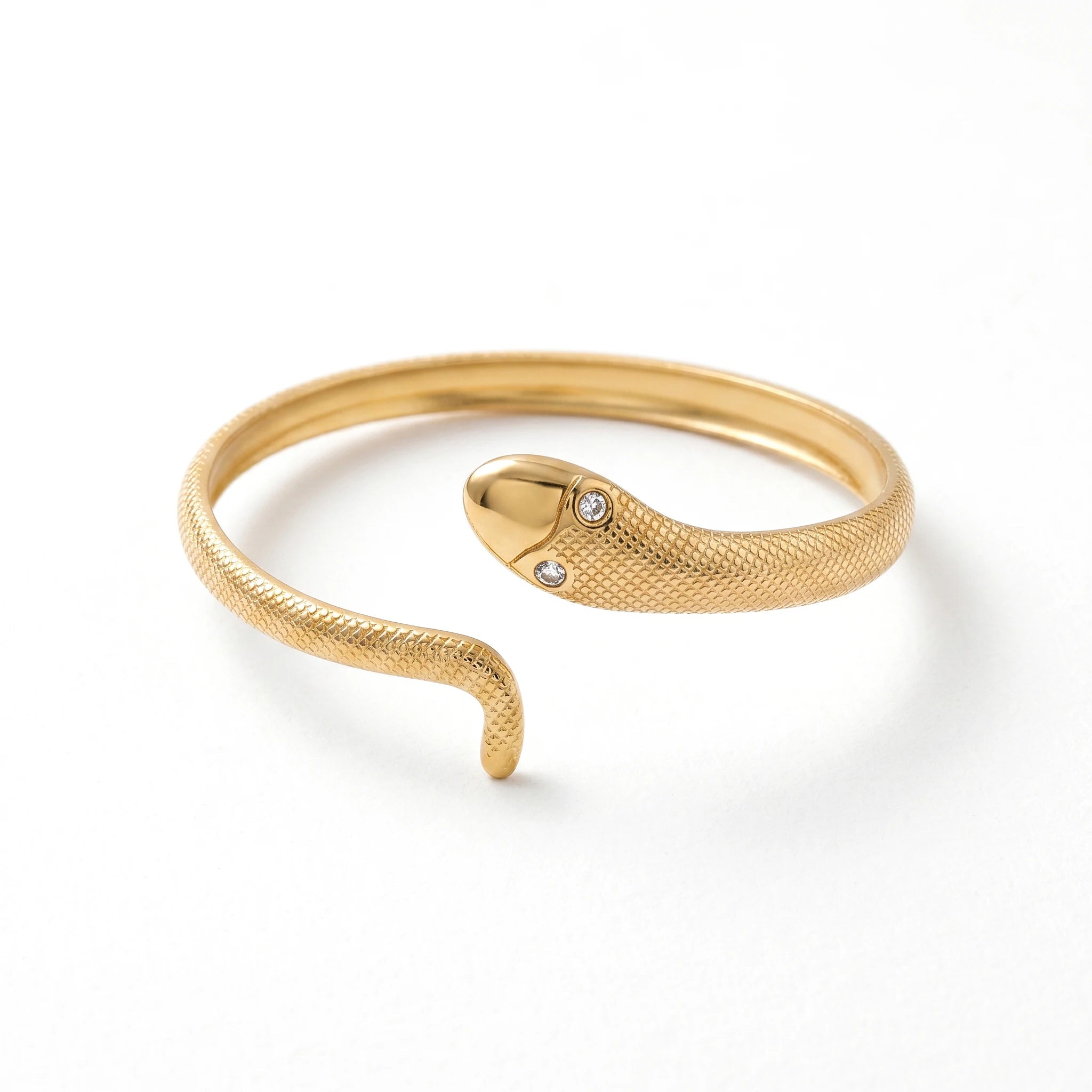 QIAOREN 11890 18K Gold Plated Stainless Steel Anti-Tarnish Textured Snake Cuff Bracelet CZ Eyes Open Wrap Bangle for Women