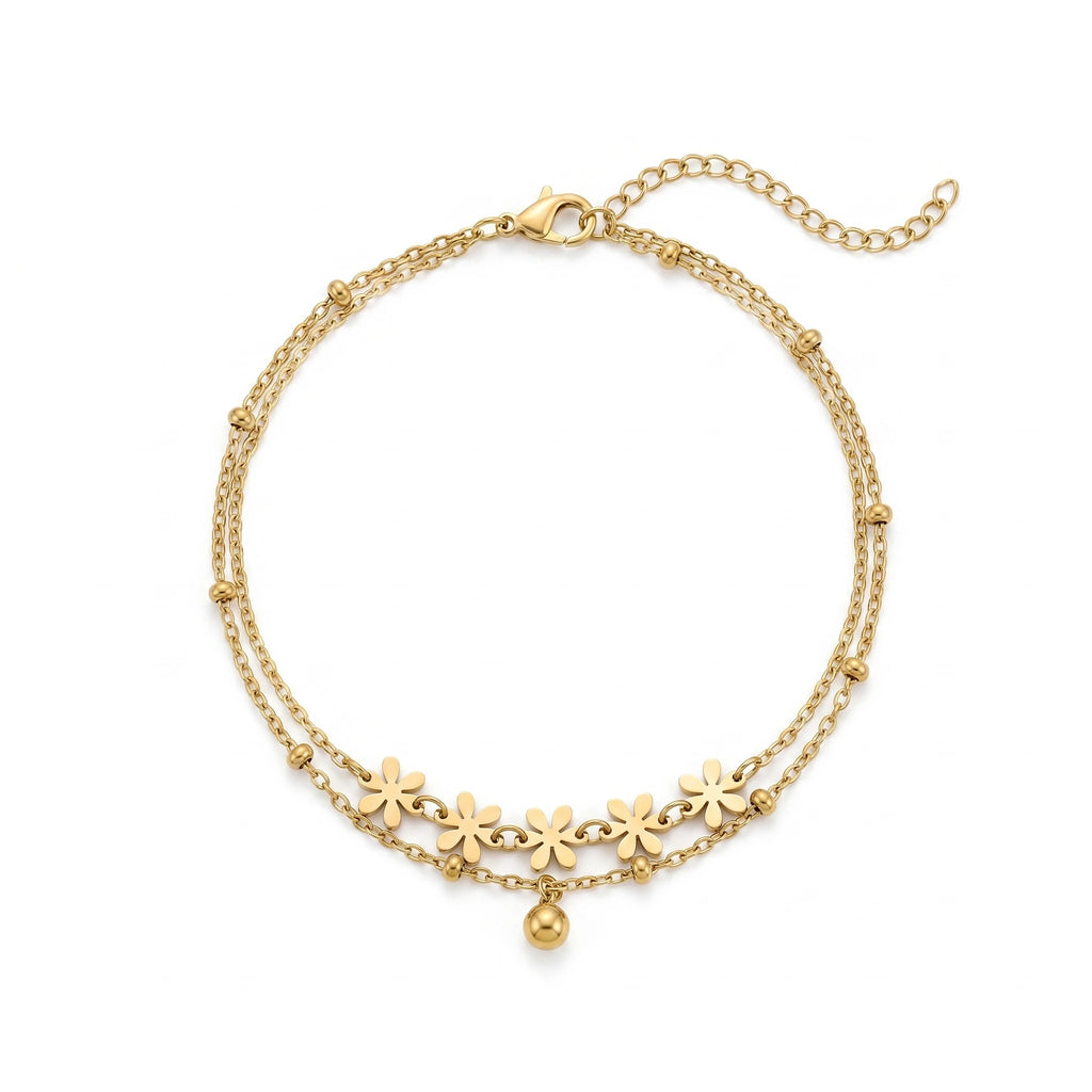 QIAOREN 11761 18K Gold Plated Stainless Steel Tarnish-Resistant Flower Double Layer Anklet