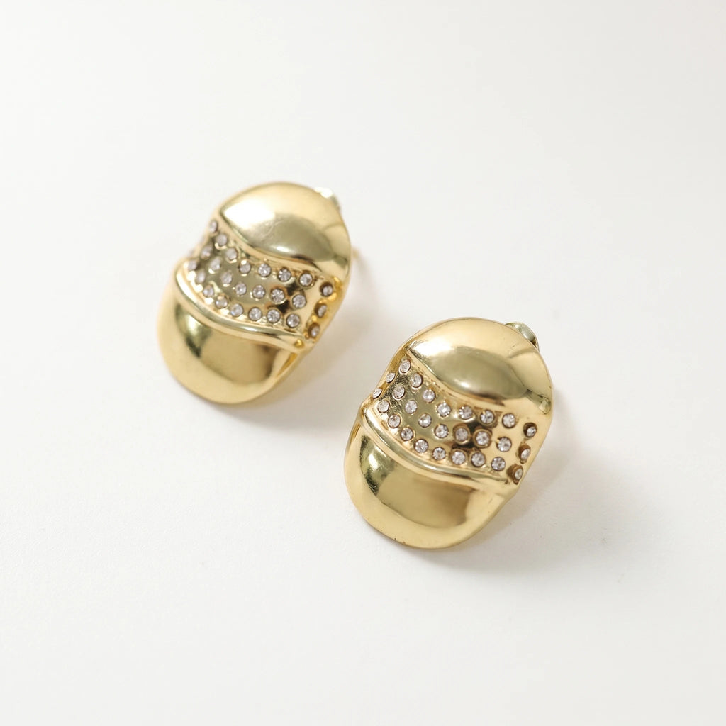QIAOREN 12431Ready to Ship Chunky Oval Dome Stud Earrings Gold Stainless Steel Vintage 90s Capsule Pave CZ Statement Studs US EU