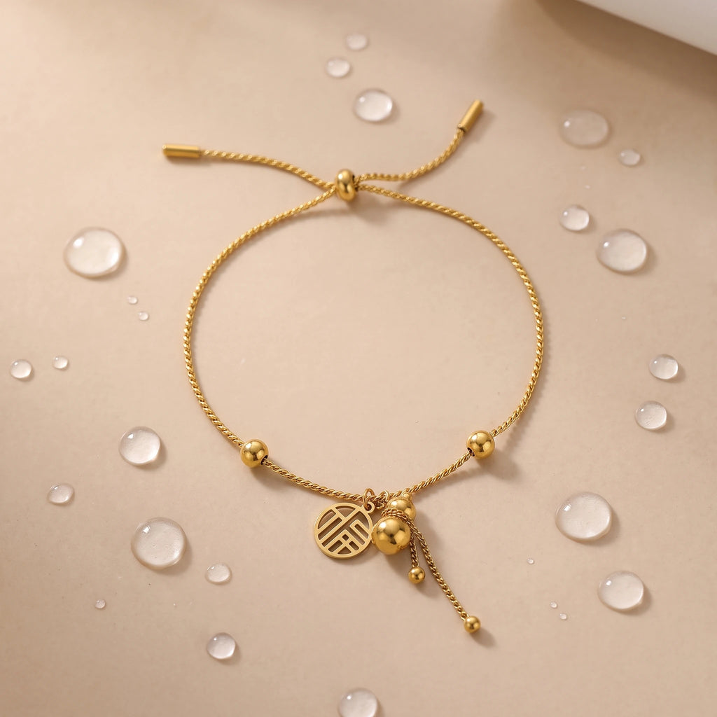 QIAOREN 13299 National Wind Lucky Bracelet 18K Gold Stainless Steel Fu Character Gourd Pendant Adjustable Slider Pull Wire Bead