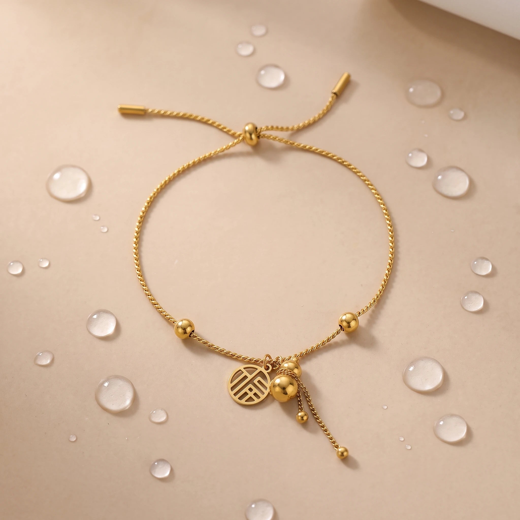 QIAOREN 13299 National Wind Lucky Bracelet 18K Gold Stainless Steel Fu Character Gourd Pendant Adjustable Slider Pull Wire Bead