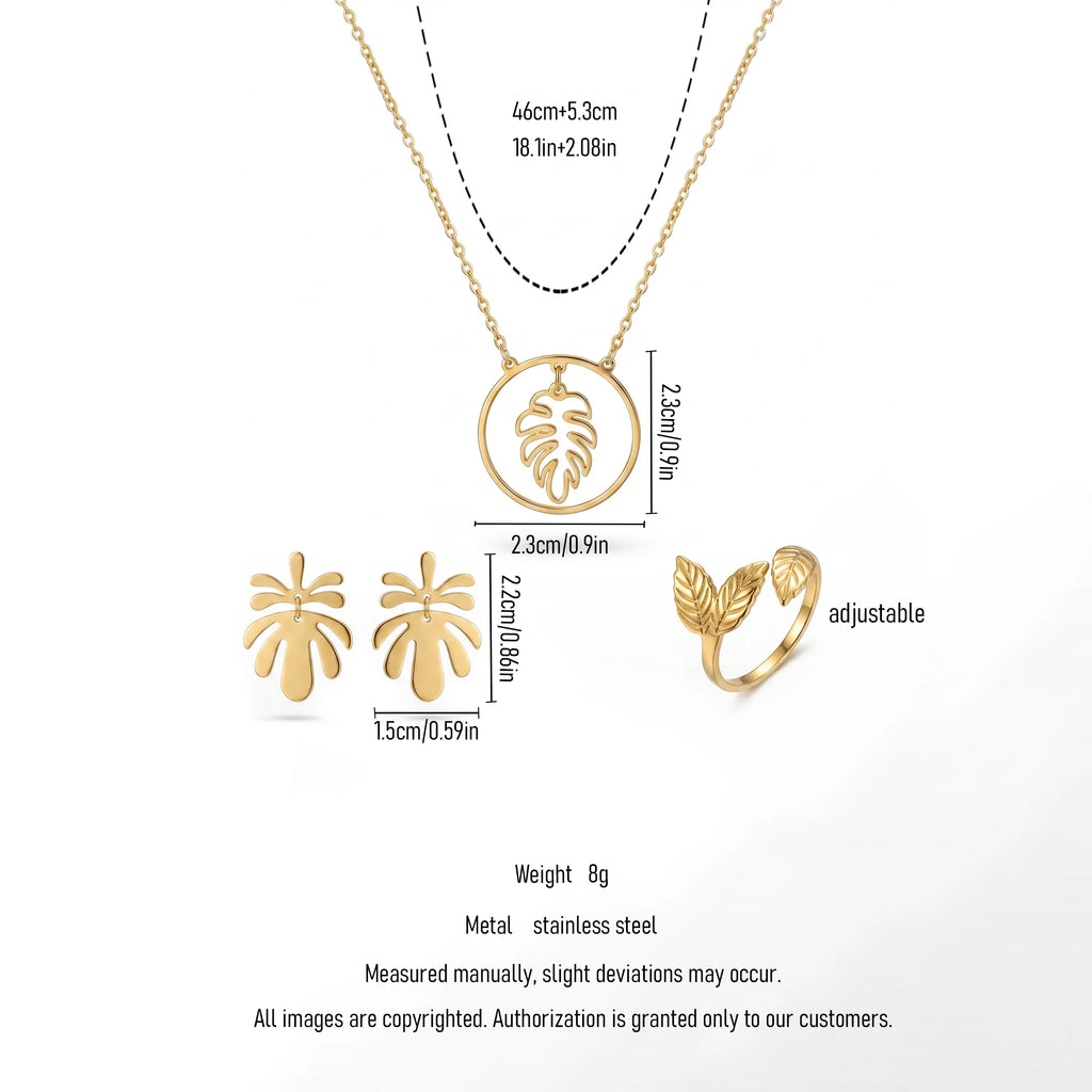 QIAOREN11930 Elegant Boho Monstera Leaf Jewelry Set Stainless Steel Gold  Pendant Necklace Leaf Earrings Ring Gift for Women
