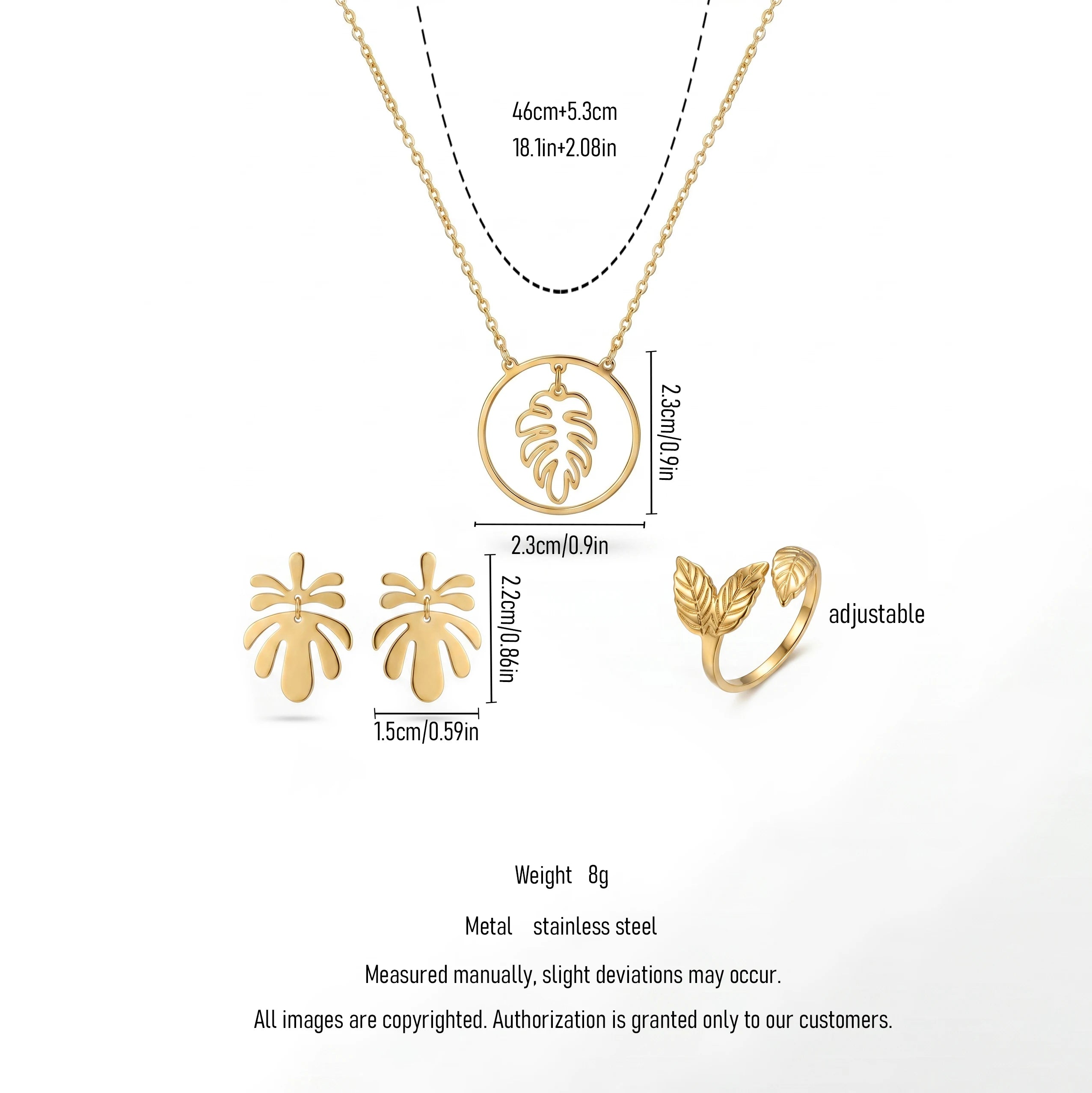 QIAOREN11930 Elegant Boho Monstera Leaf Jewelry Set Stainless Steel Gold  Pendant Necklace Leaf Earrings Ring Gift for Women