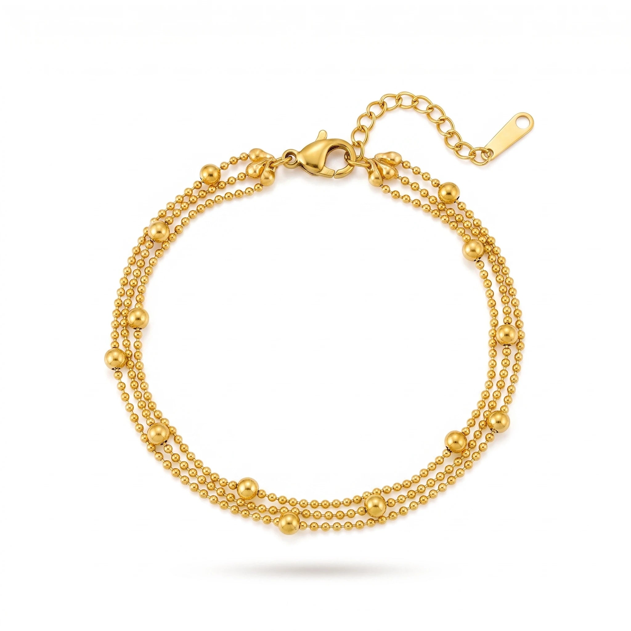 QIAOREN 13304 Multi Layer Gold Bead Bracelet Stainless Steel Multi-Size Ball Chain Adjustable Extender Waterproof