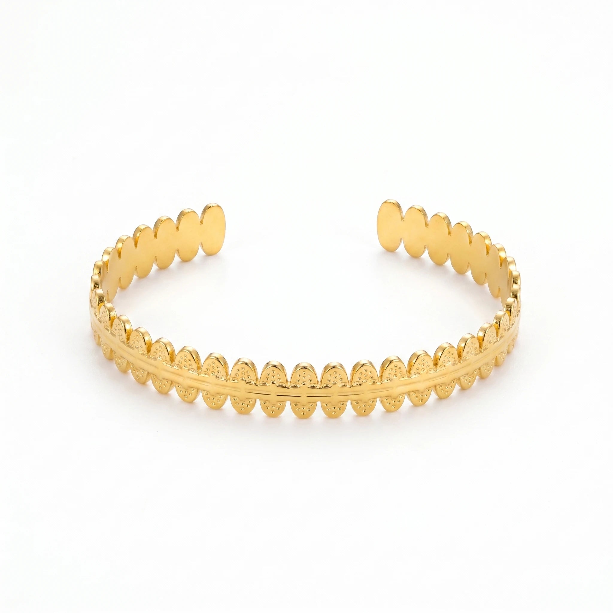 QIAOREN 12717 Stainless Steel 18K Gold Adjustable Cuff Bracelet Textured Oval Disc Bangle For Women Daily Jewelry