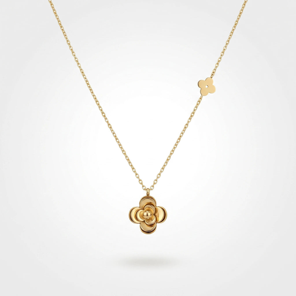 QIAOREN 13763 Thin Oval Link Chain Pendant Necklace with 3D Layered Four Leaf Flower Charm & Small Side Floral Jewelry