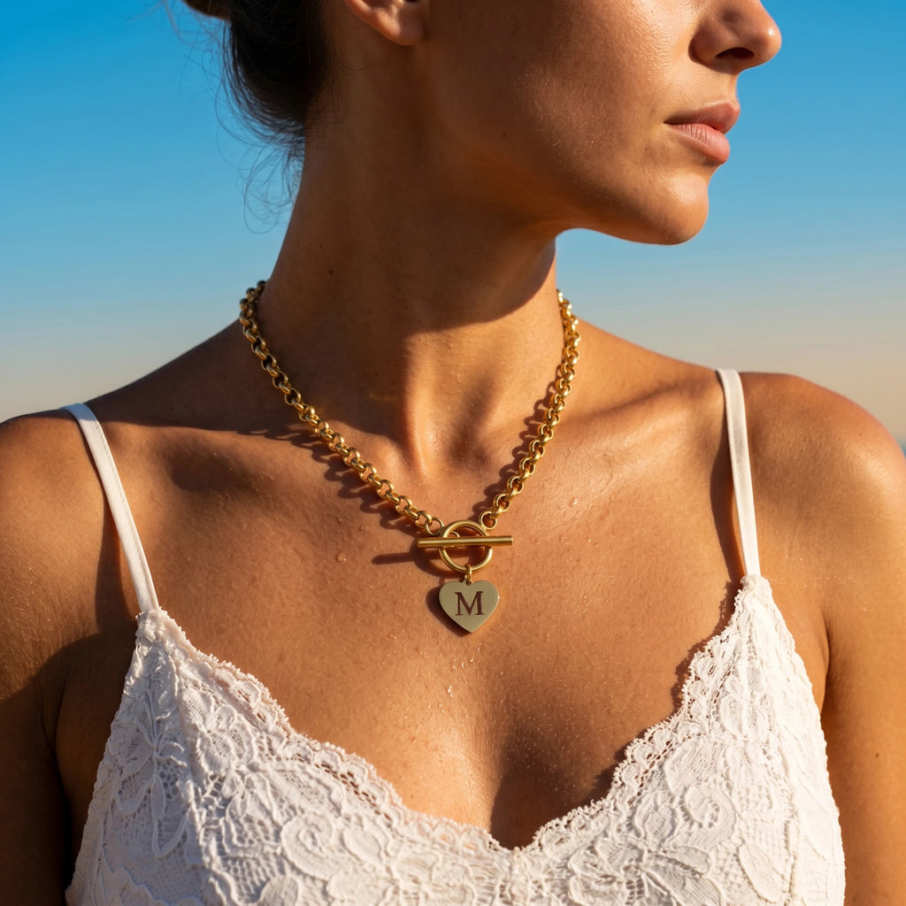 QIAOREN 10541 European American Trendy Punk Style Stainless Steel Link Chain Necklace 18K PVD Gold Plated Heart Women's Jewelry