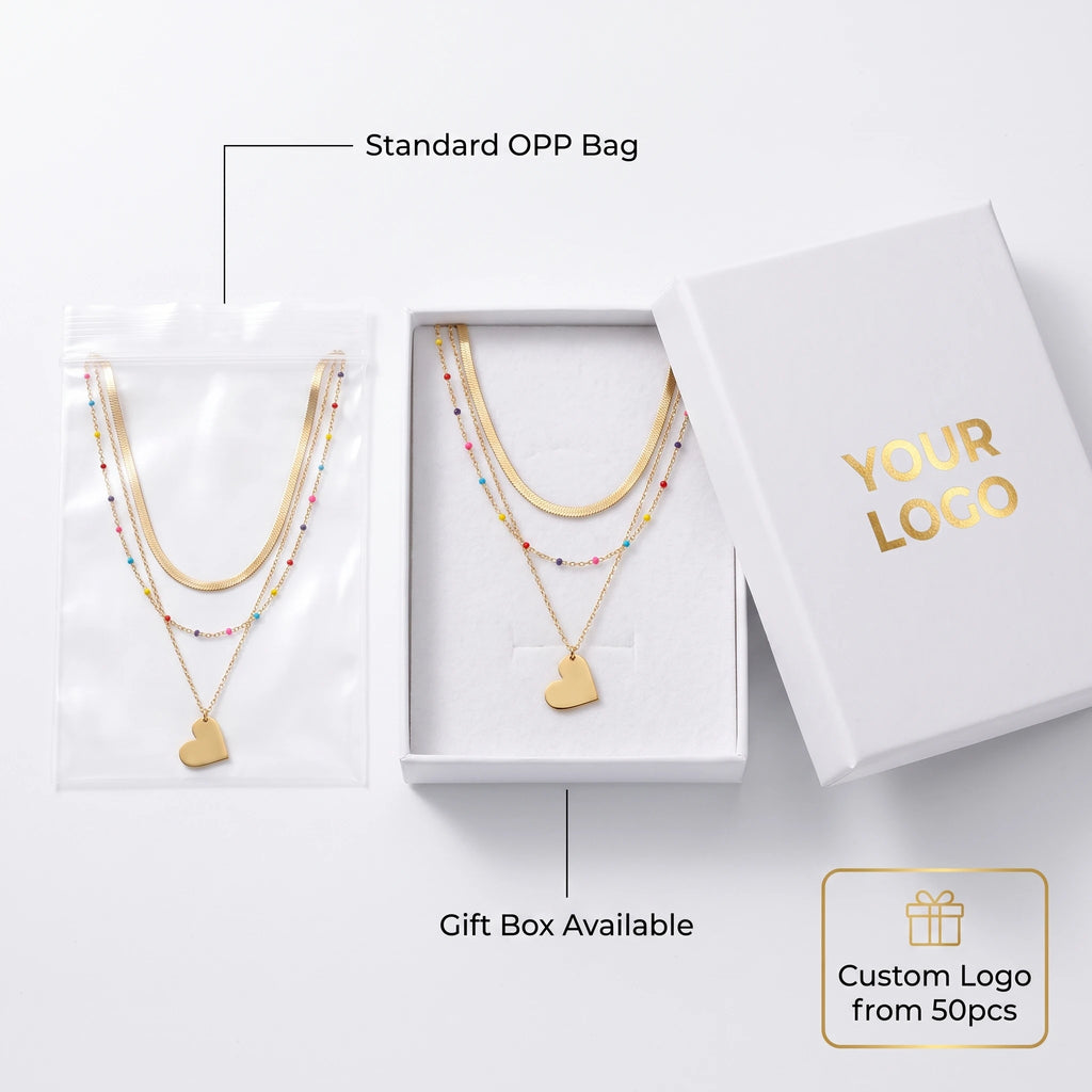 QIAOREN 14414 Layered Herringbone Colorful Bead Heart Pendant Necklace, Stainless Steel Multi Layer Chain Necklace Jewelry Gift