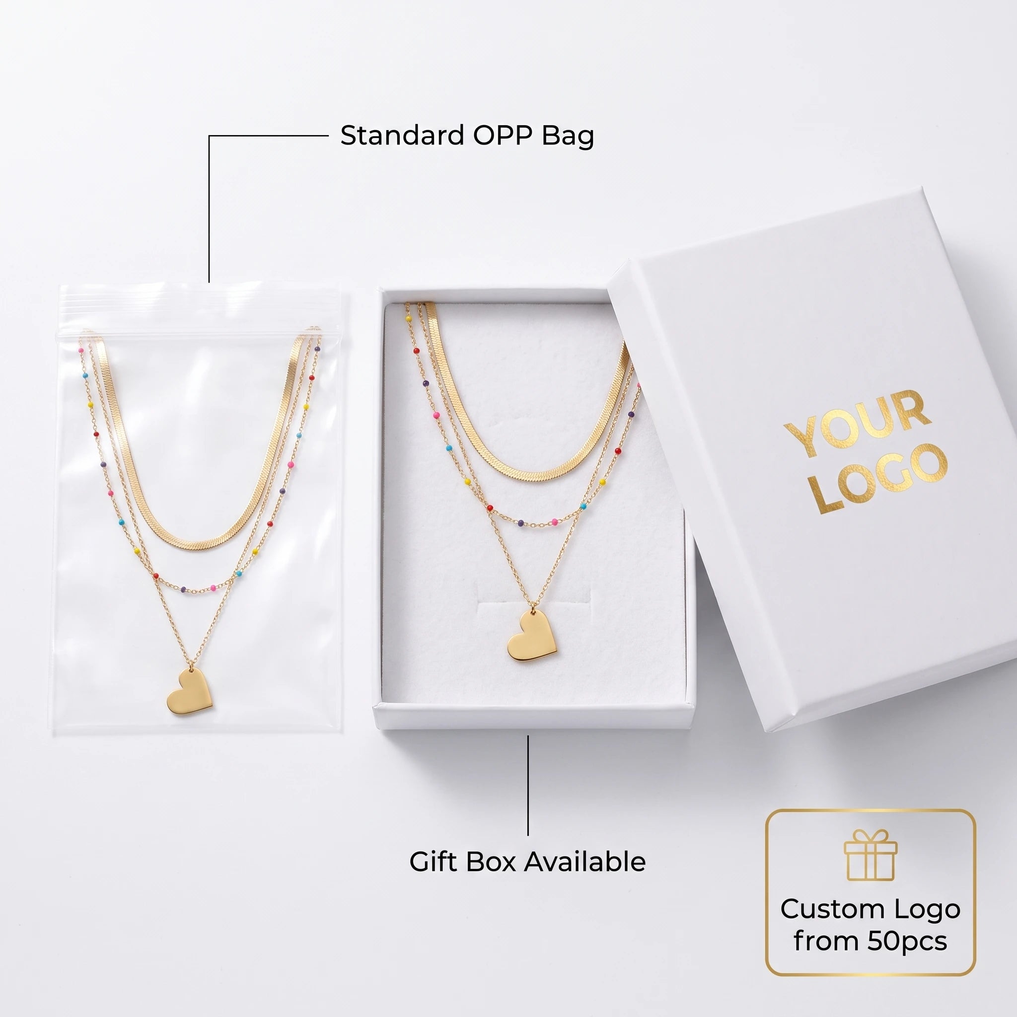QIAOREN 14414 Layered Herringbone Colorful Bead Heart Pendant Necklace, Stainless Steel Multi Layer Chain Necklace Jewelry Gift