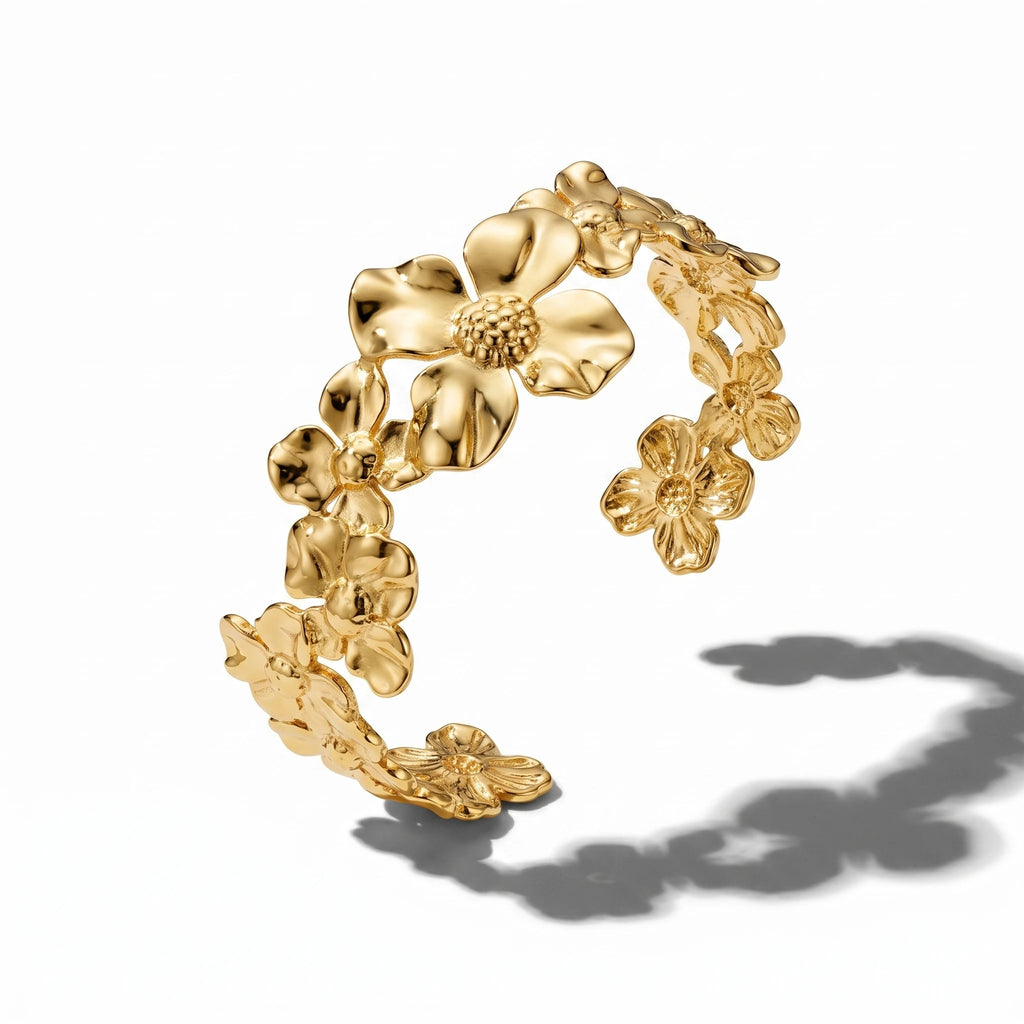QIAOREN 12710 Boho Irregular Big Small Sculpted Flower Open Gold Bangle Stainless Steel Hollow Stackable Bracelet Wholesale