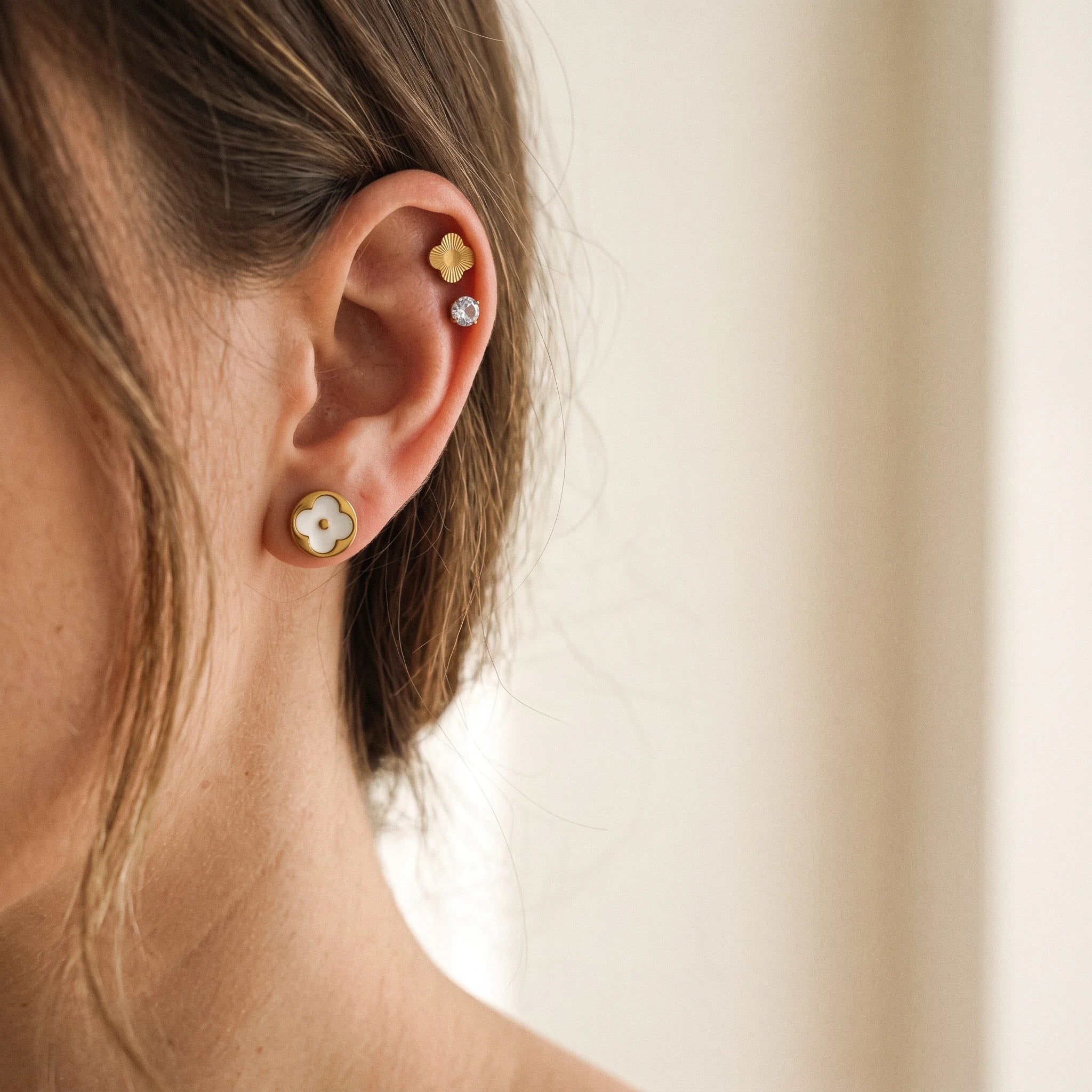 QIAOREN 14451 3 Pair Gold Stainless Steel Stud Earrings, White Quartz Clover, Round CZ & Textured Clover Studs