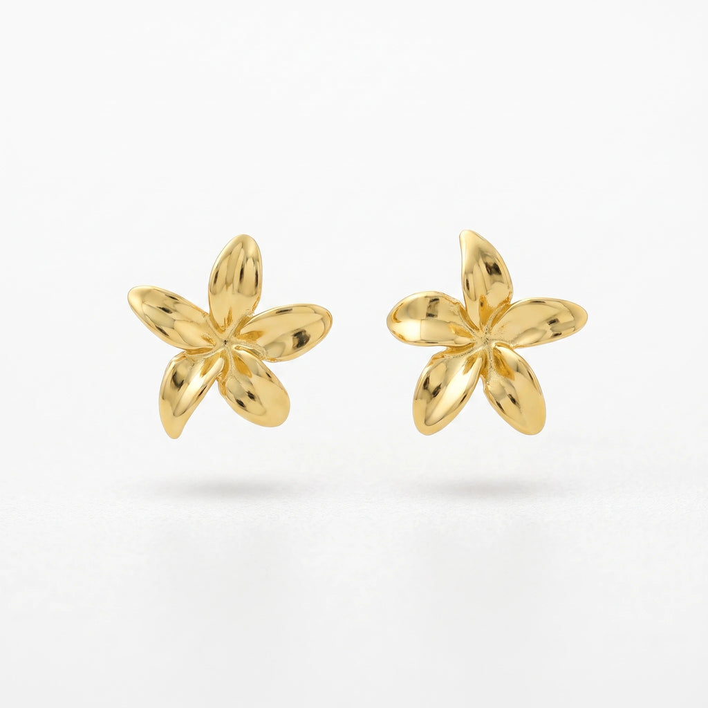 QIAOREN 13244 18K Gold PVD Plated  Stainless Steel Plumeria Stud Earrings Polished Five Petal Flower Ear Studs