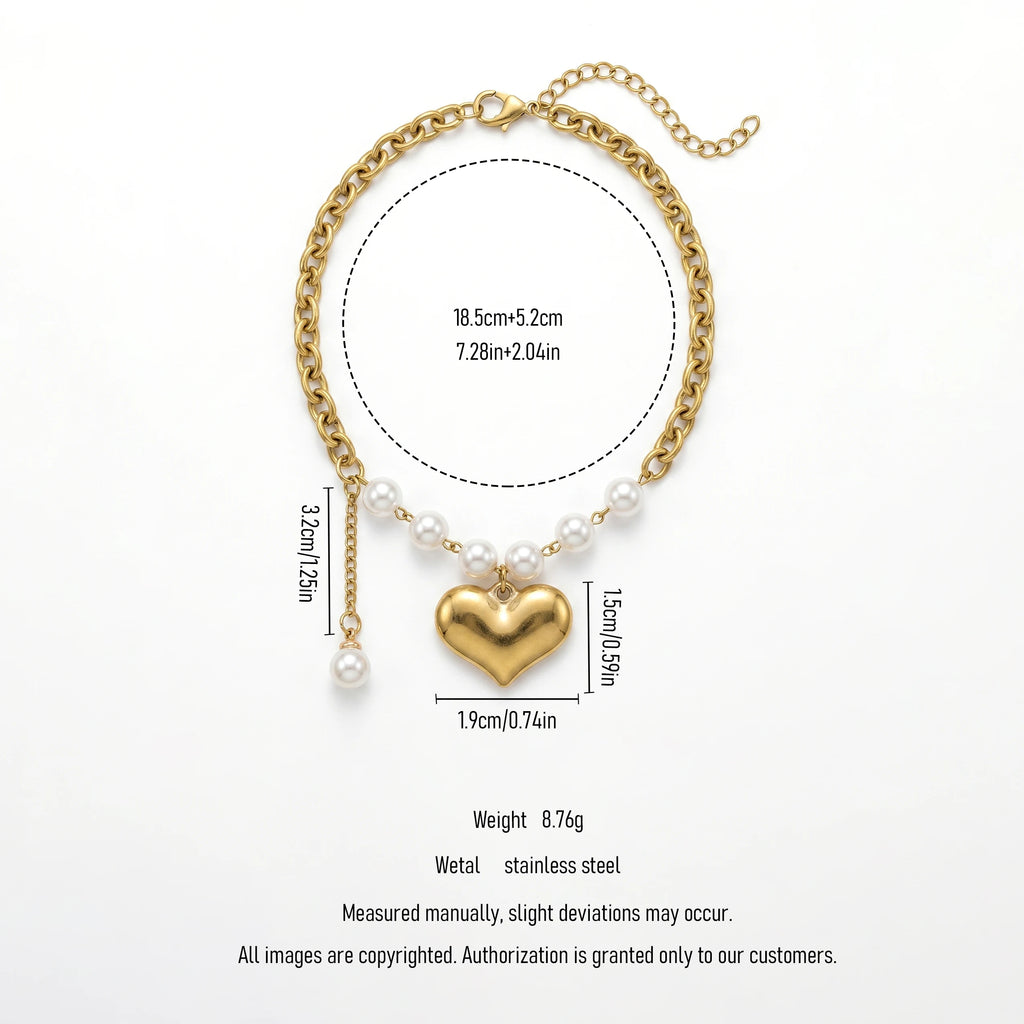 QIAOREN 11728 Trendy Lovers Minimalist Thick Curb Chain Heart Pearl Bracelet Gold Stainless Steel Adjustable Jewelry for Women